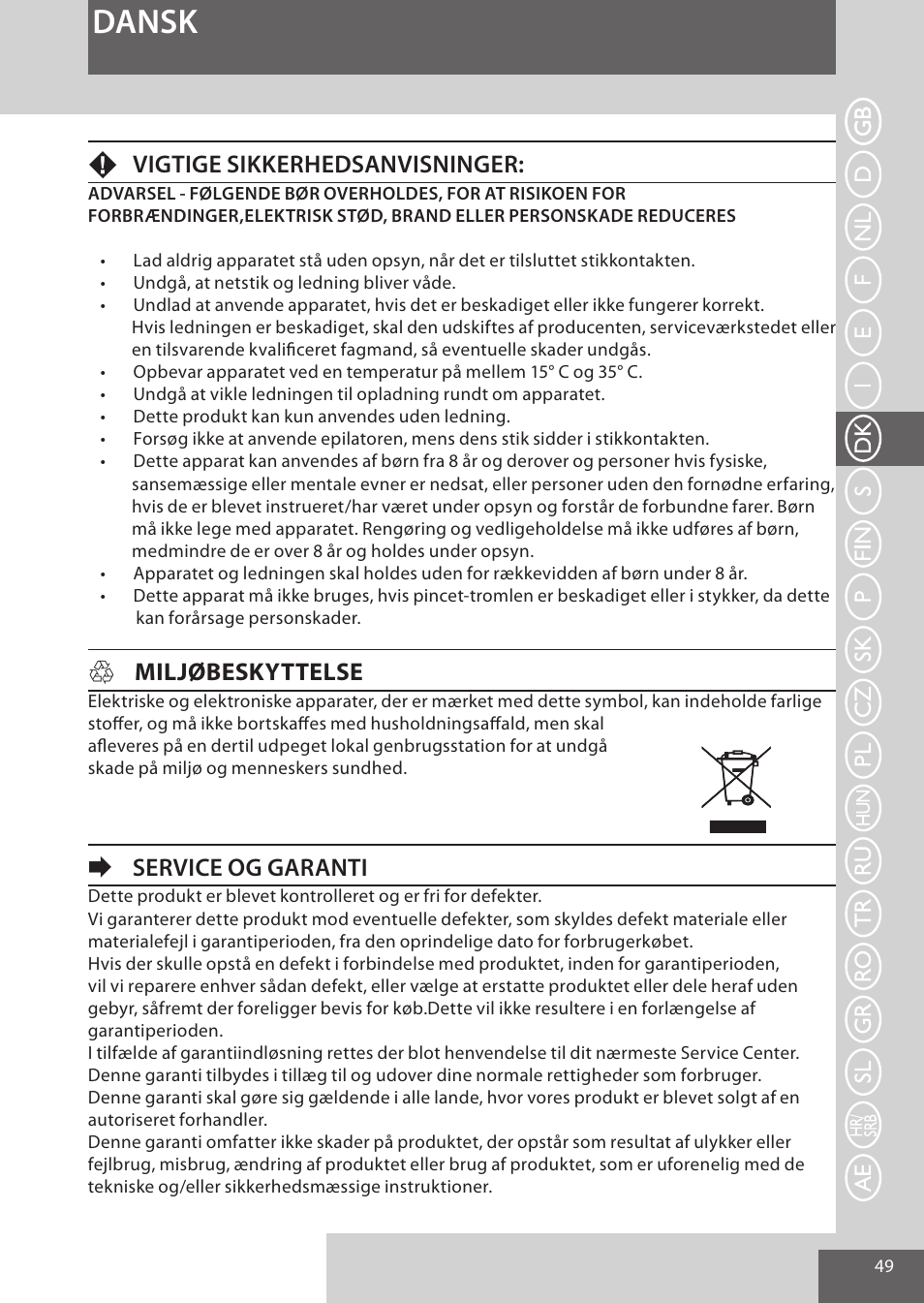 Dansk, Fvigtige sikkerhedsanvisninger, Hmiljøbeskyttelse | Eservice og garanti | Remington EP7030 User Manual | Page 49 / 152