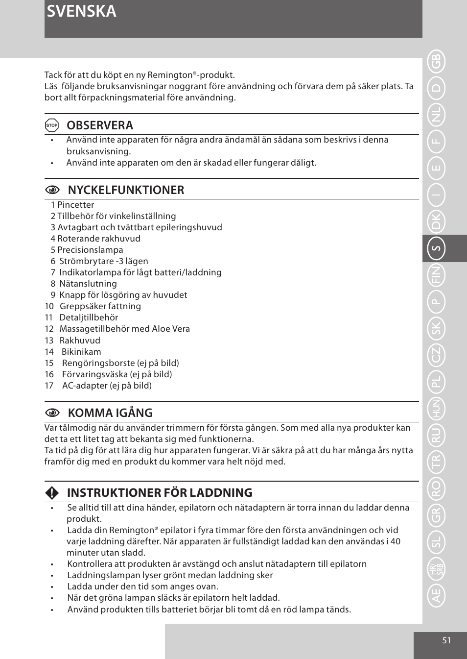 Svenska, Aobservera, Cnyckelfunktioner | Ckomma igång, Finstruktioner för laddning | Remington EP7030 User Manual | Page 51 / 152