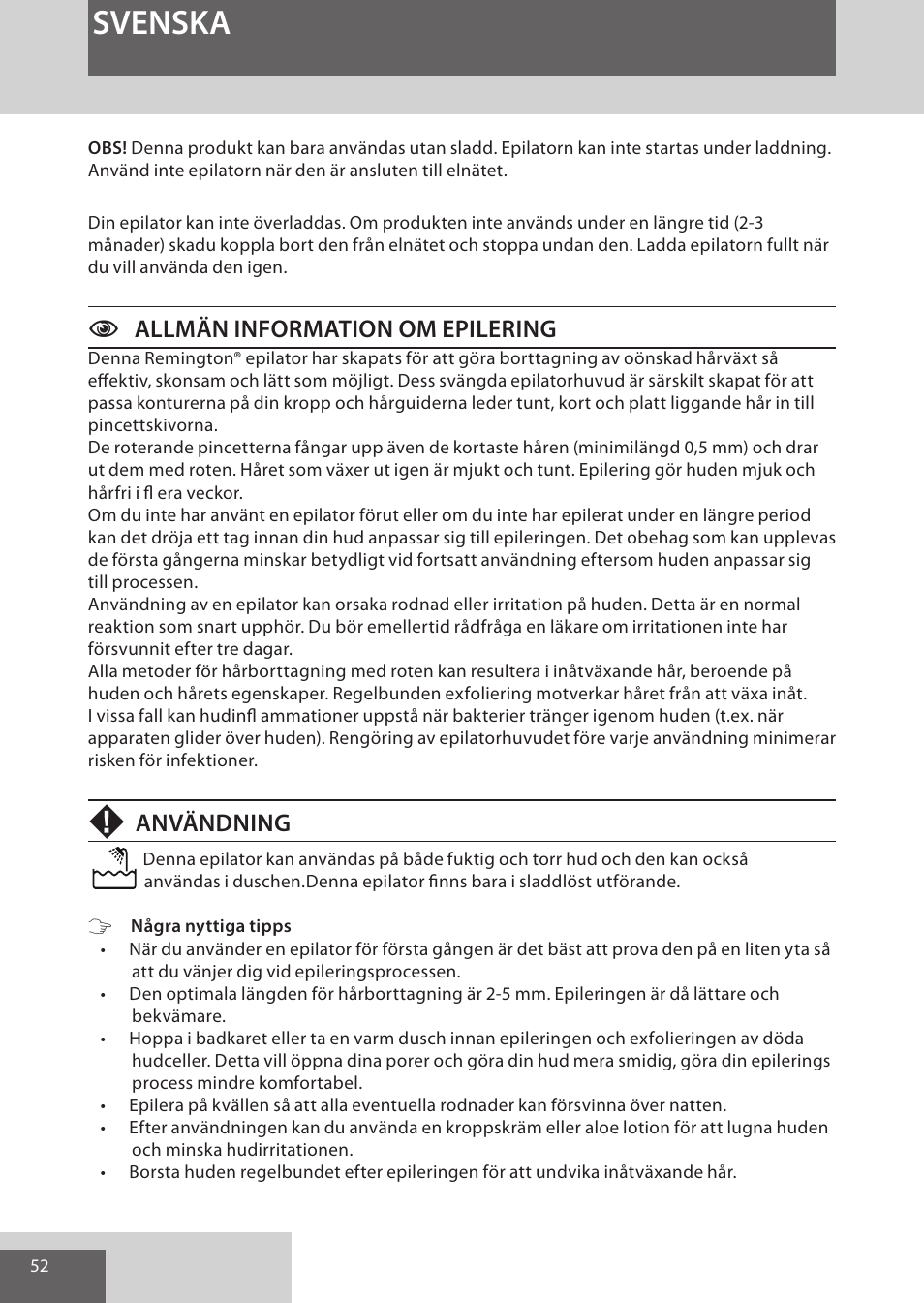 Svenska, Callmän information om epilering, Användning | Remington EP7030 User Manual | Page 52 / 152