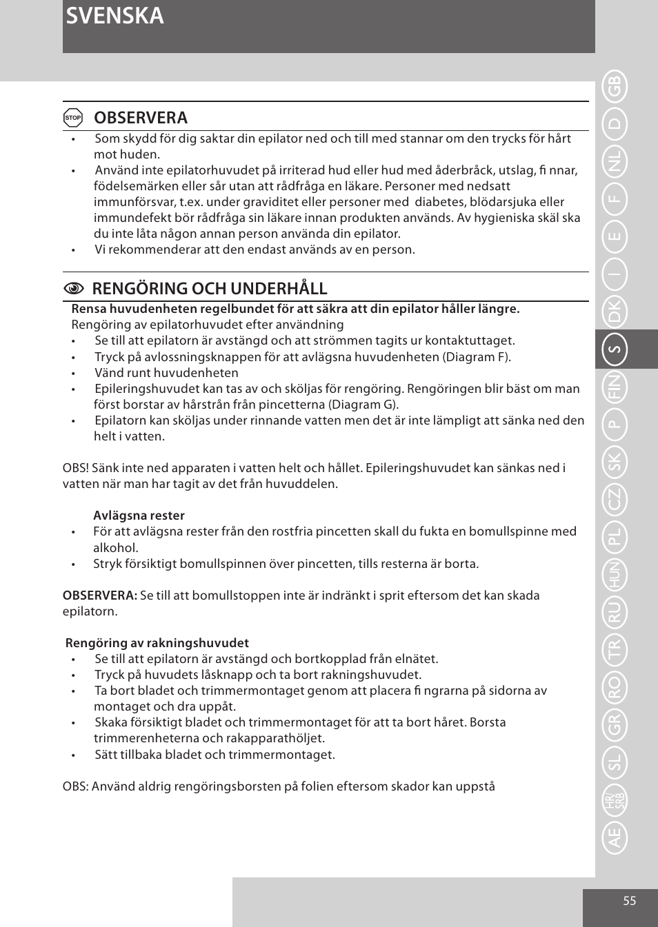 Svenska, Aobservera, Crengöring och underhåll | Remington EP7030 User Manual | Page 55 / 152