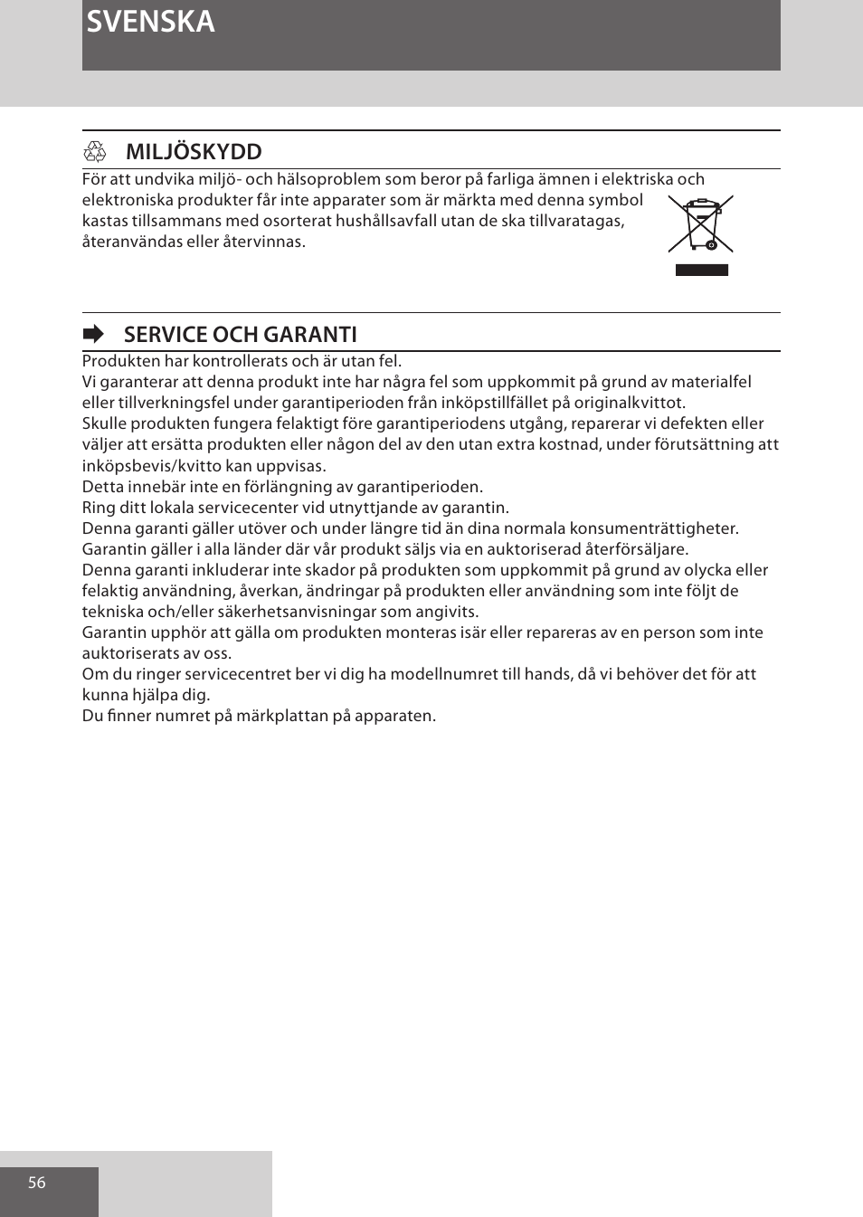 Svenska, Hmiljöskydd, Eservice och garanti | Remington EP7030 User Manual | Page 56 / 152