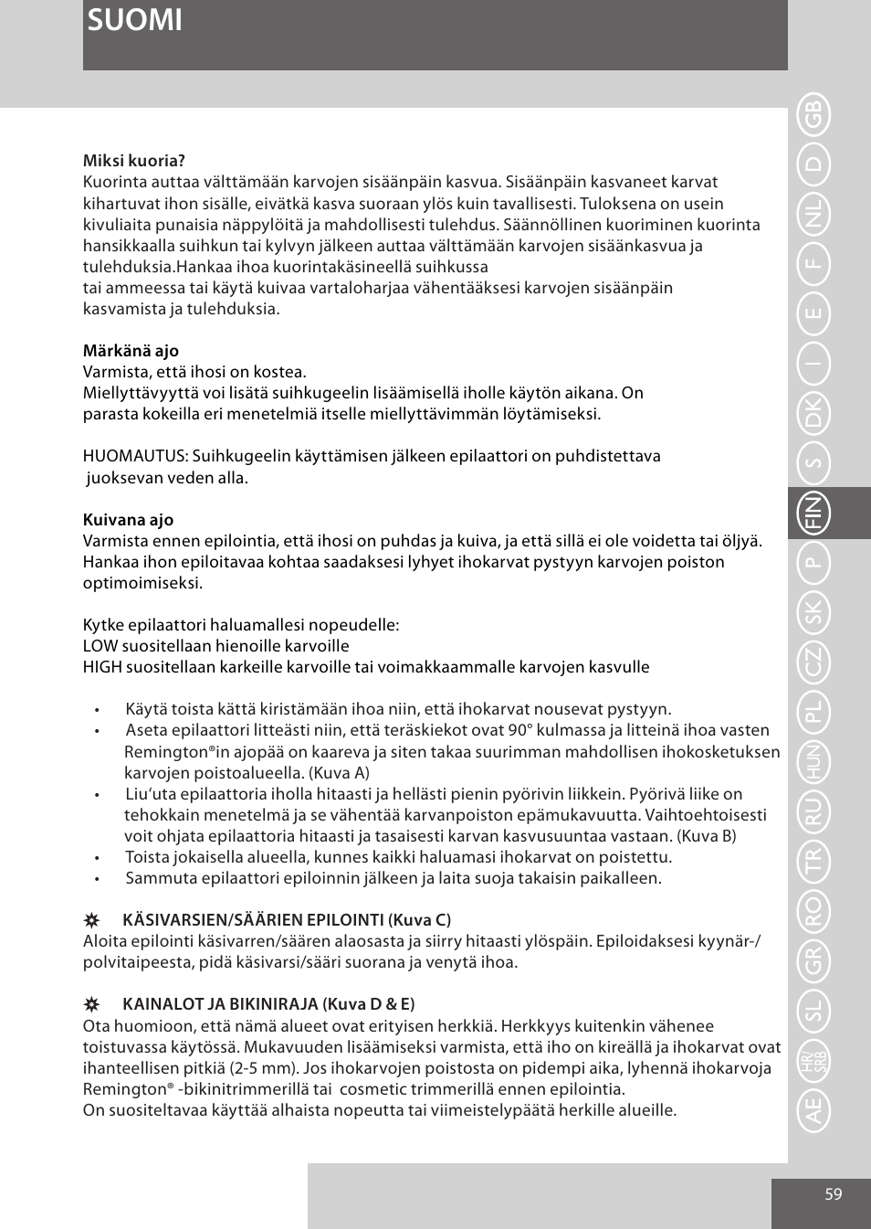 Suomi | Remington EP7030 User Manual | Page 59 / 152