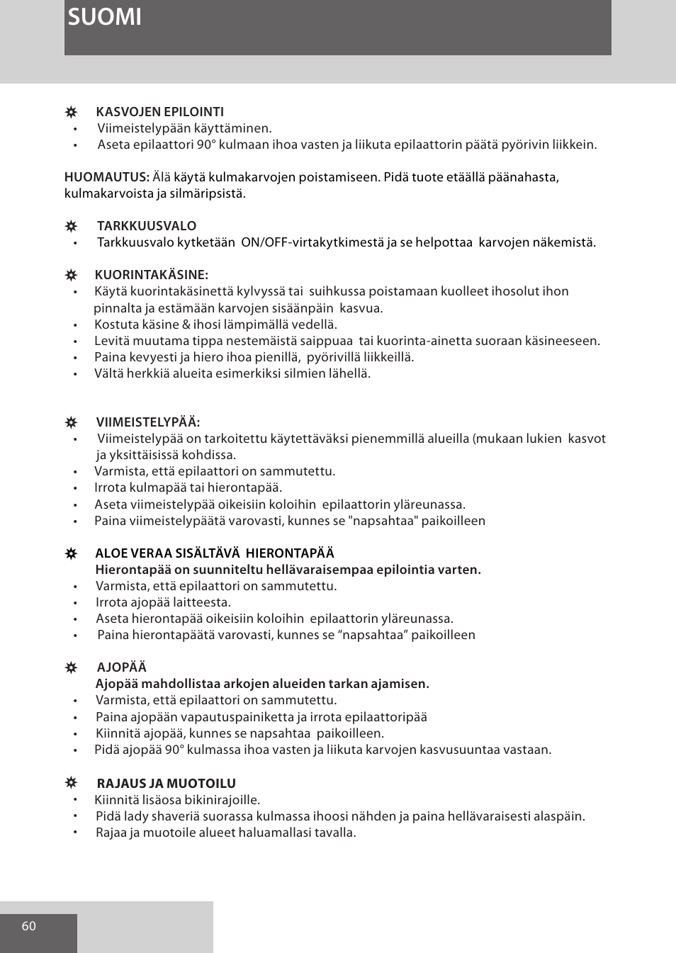 Suomi | Remington EP7030 User Manual | Page 60 / 152