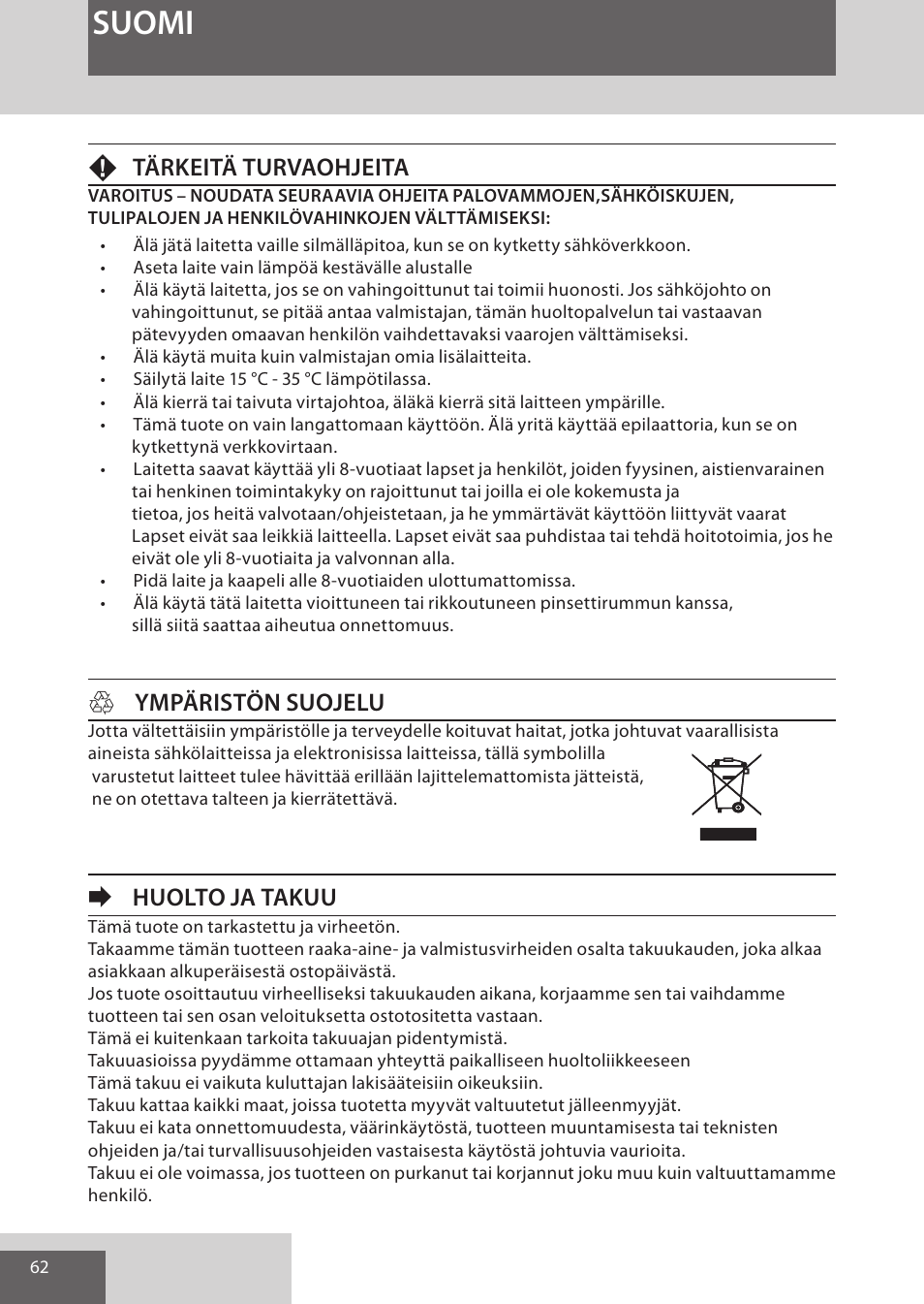 Suomi, Ftärkeitä turvaohjeita, Hympäristön suojelu | Ehuolto ja takuu | Remington EP7030 User Manual | Page 62 / 152