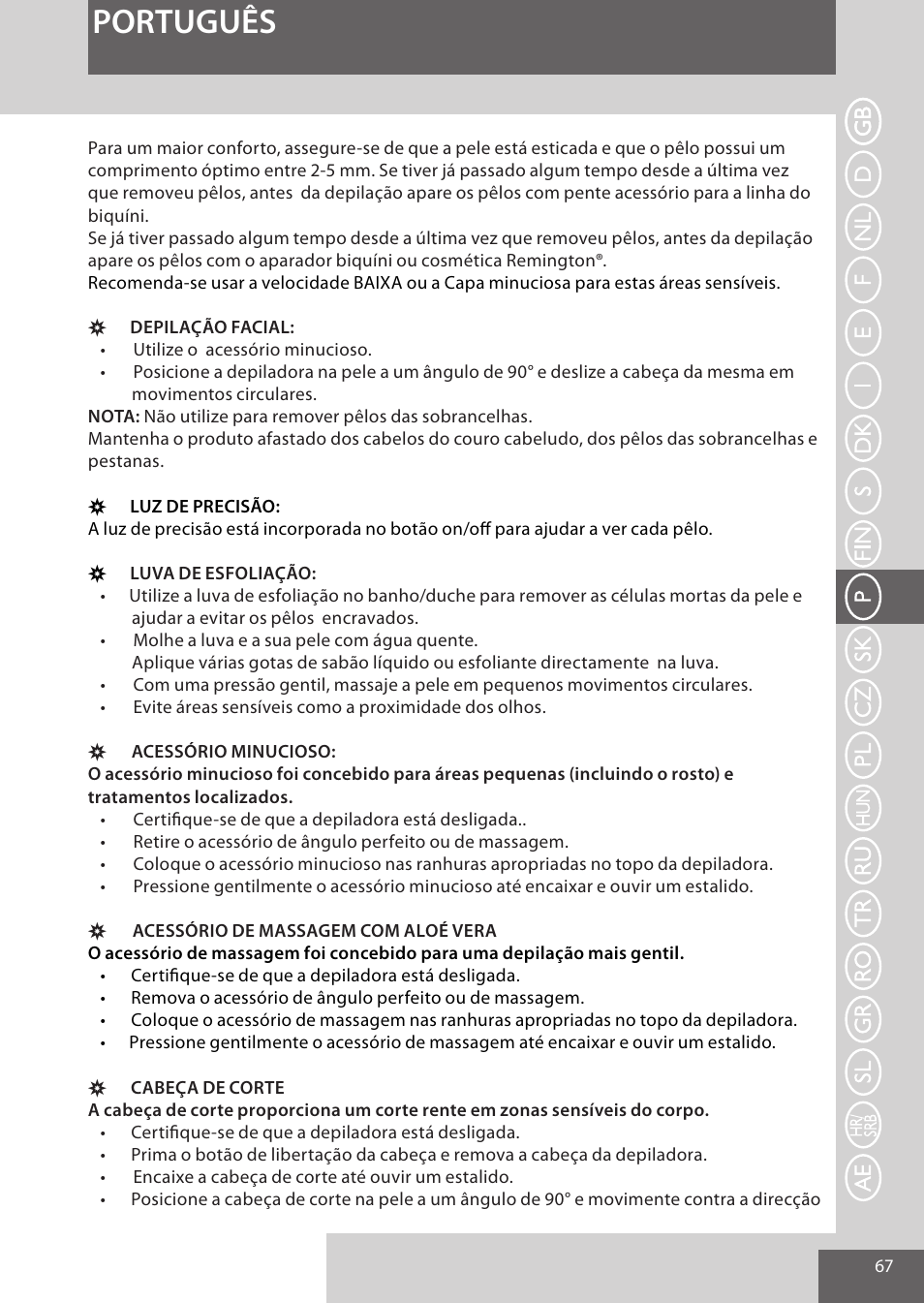 Português | Remington EP7030 User Manual | Page 67 / 152