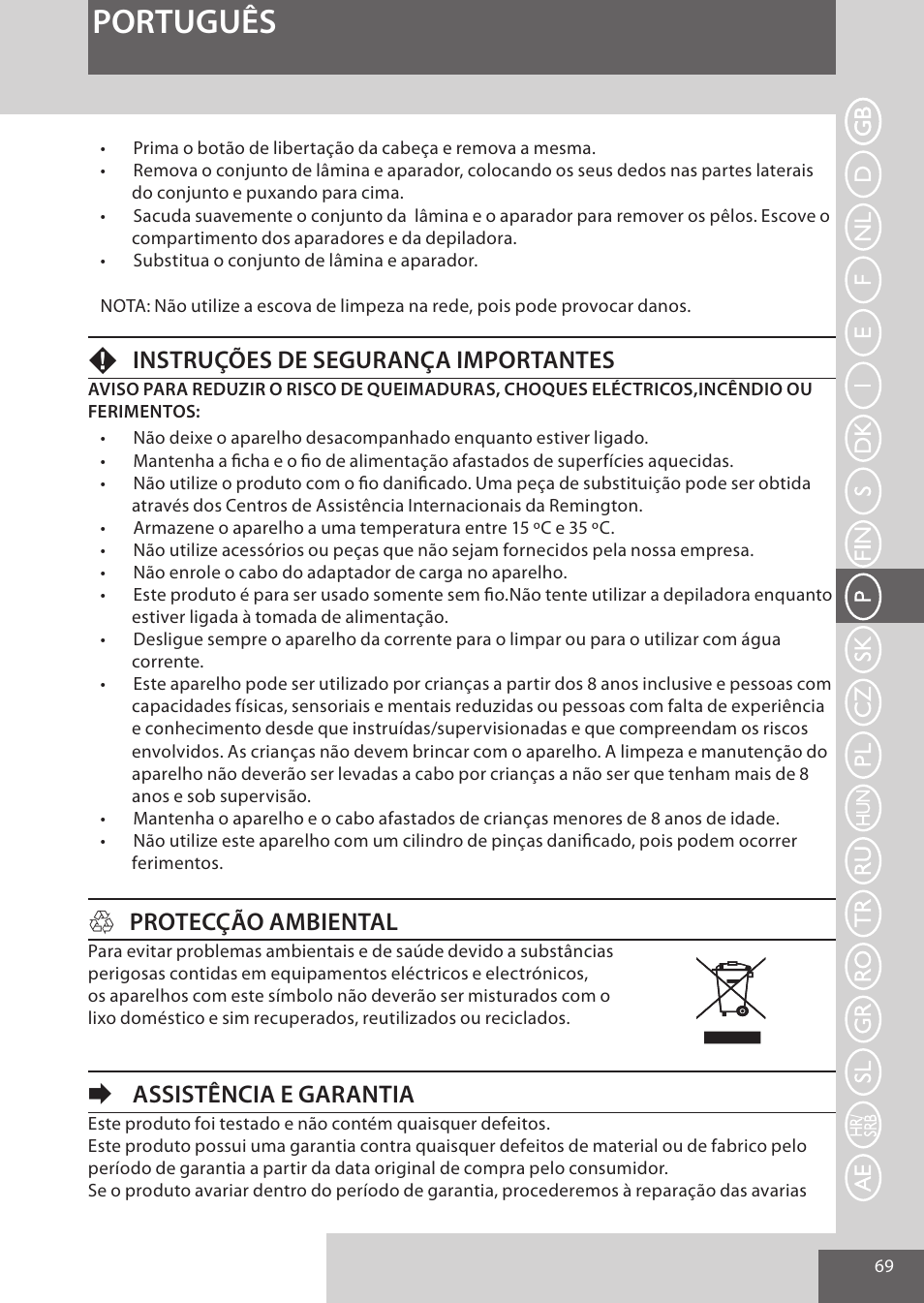 Português, Finstruções de segurança importantes, Hprotecção ambiental | Eassistência e garantia | Remington EP7030 User Manual | Page 69 / 152