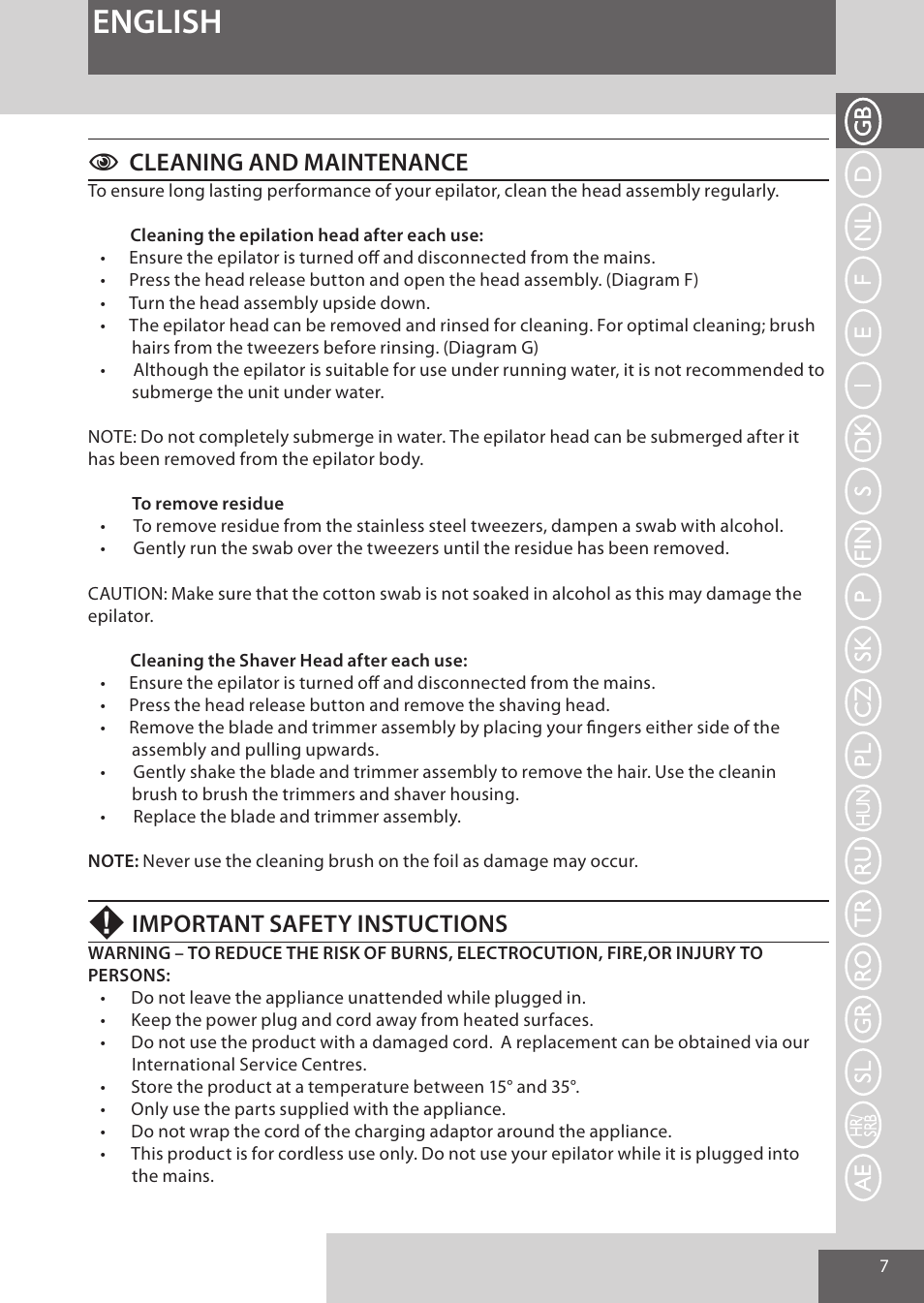English, Ccleaning and maintenance, Important safety instuctions | Remington EP7030 User Manual | Page 7 / 152