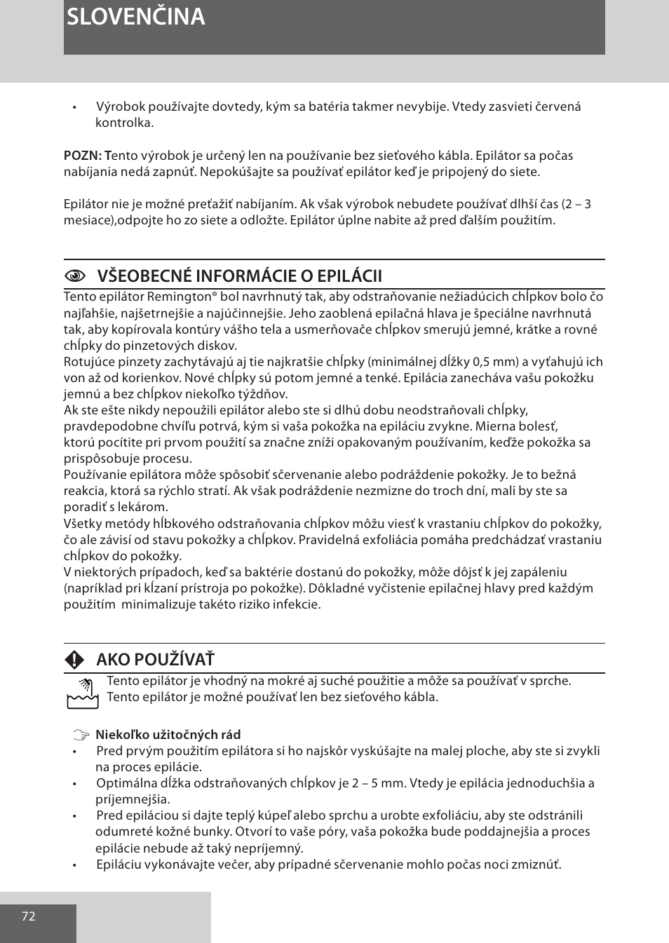 Slovenčina, Cvšeobecné informácie o epilácii, Fako používať | Remington EP7030 User Manual | Page 72 / 152