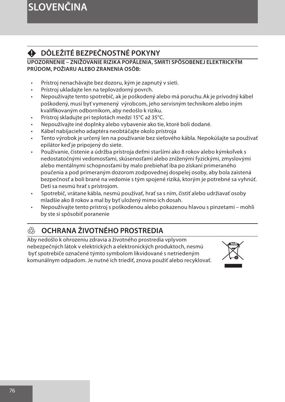 Slovenčina, Fdôležité bezpečnostné pokyny, Hochrana životného prostredia | Remington EP7030 User Manual | Page 76 / 152
