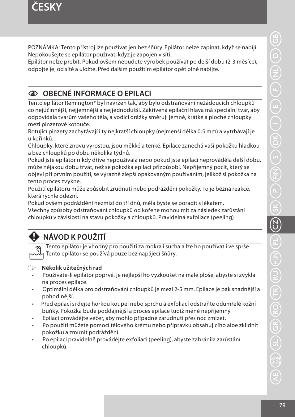 Česky, Cobecné informace o epilaci, Návod k použití | Remington EP7030 User Manual | Page 79 / 152