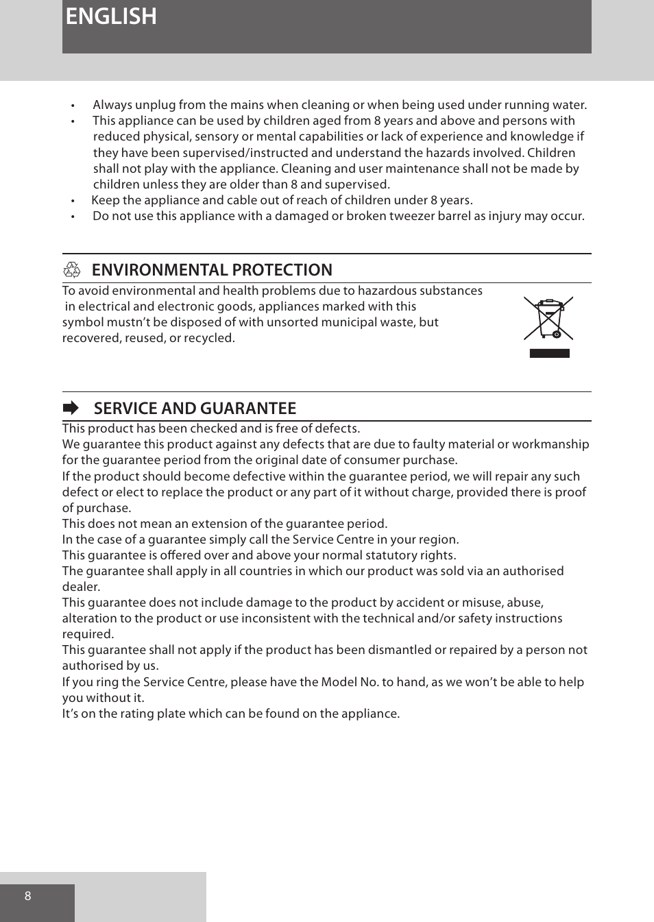 English, Henvironmental protection, Eservice and guarantee | Remington EP7030 User Manual | Page 8 / 152