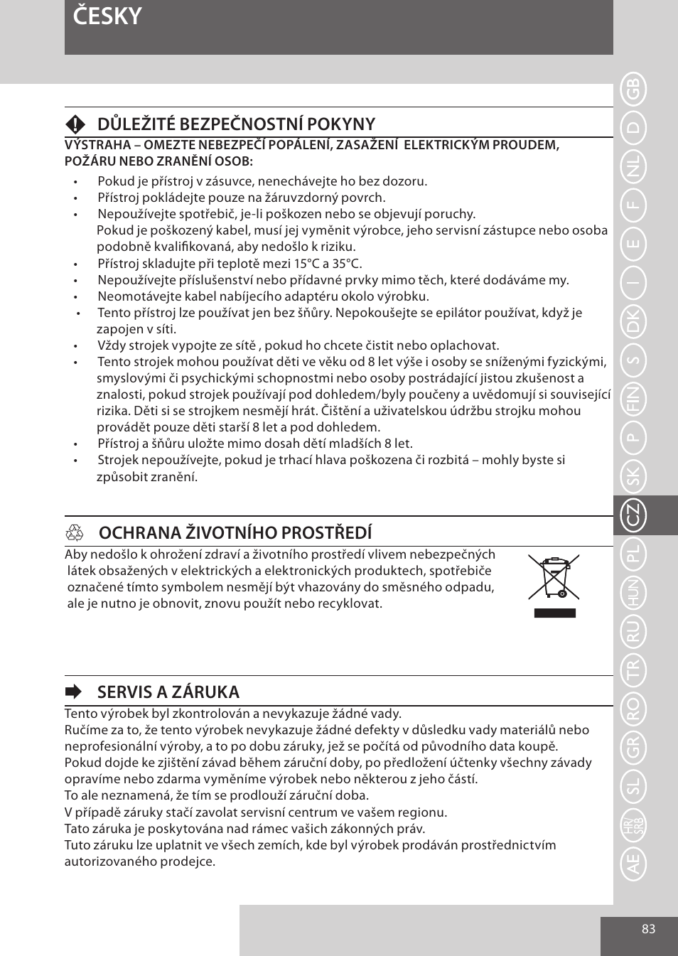 Česky, Fdůležité bezpečnostní pokyny, Hochrana životního prostředí | Eservis a záruka | Remington EP7030 User Manual | Page 83 / 152