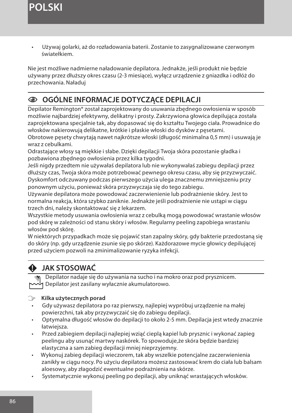 Polski, Cogólne informacje dotyczące depilacji, Fjak stosować | Remington EP7030 User Manual | Page 86 / 152