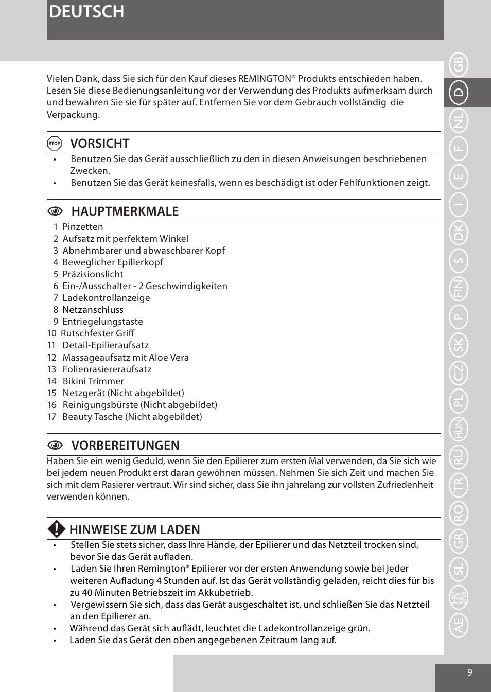 Deutsch, Avorsicht, Chauptmerkmale | Cvorbereitungen, Hinweise zum laden | Remington EP7030 User Manual | Page 9 / 152