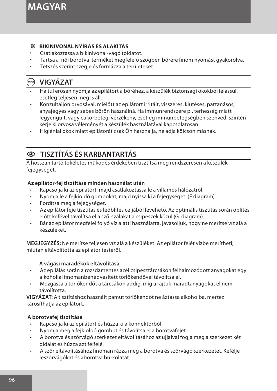 Magyar, Avigyázat, Ctisztítás és karbantartás | Remington EP7030 User Manual | Page 96 / 152