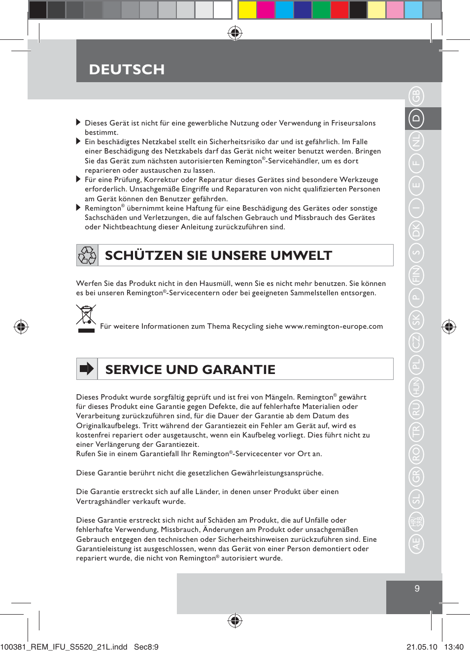 Deutsch, Schützen sie unsere umwelt, Service und garantie | Remington S5520 User Manual | Page 11 / 19