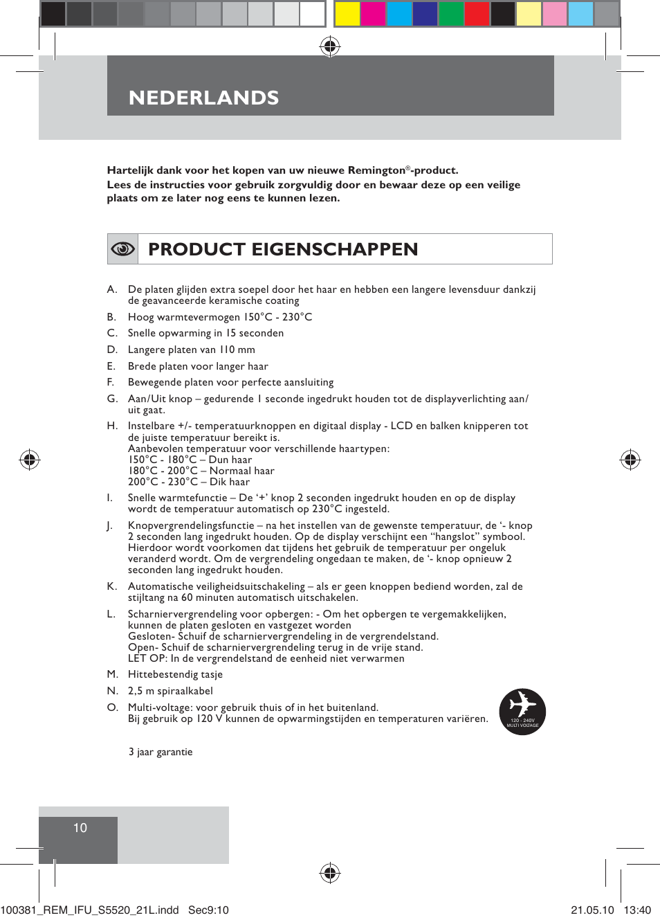 Nederlands, Product eigenschappen | Remington S5520 User Manual | Page 12 / 19