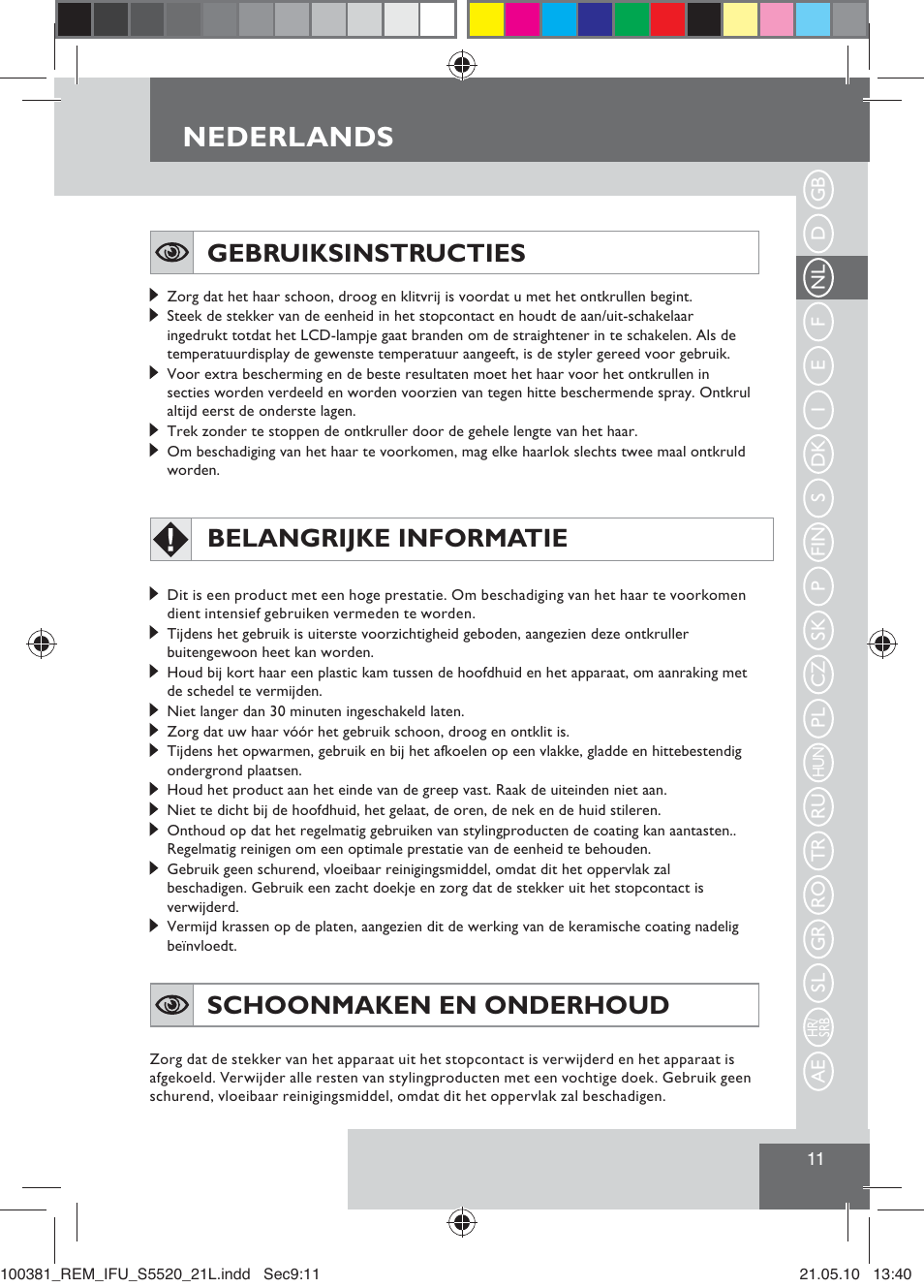 Nederlands, Gebruiksinstructies, Belangrijke informatie | Schoonmaken en onderhoud | Remington S5520 User Manual | Page 13 / 19