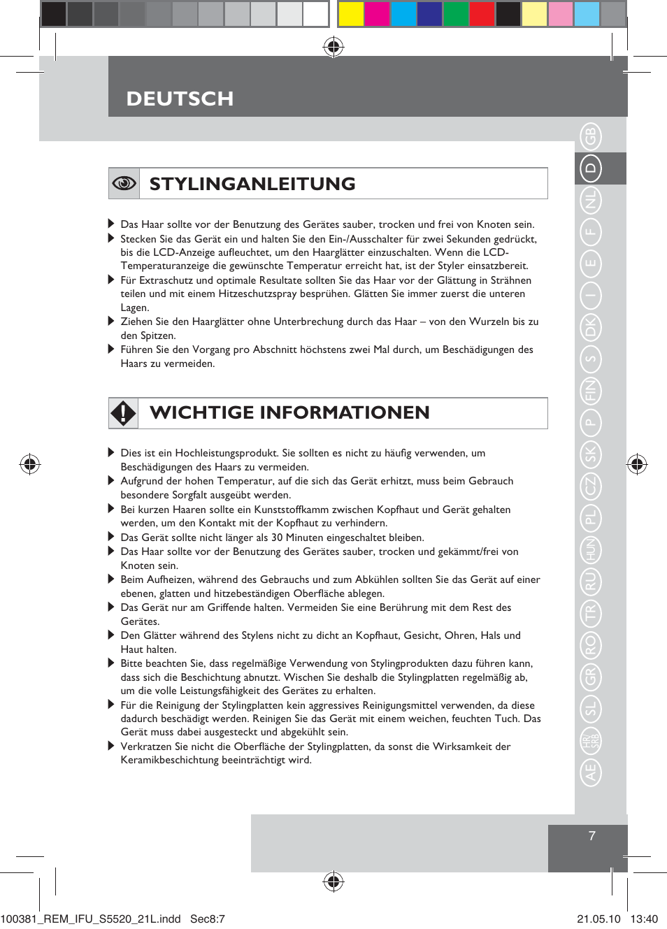 Deutsch, Stylinganleitung, Wichtige informationen | Remington S5520 User Manual | Page 9 / 19