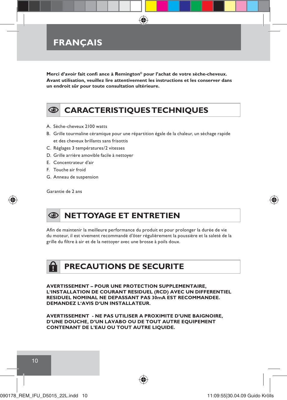 Français, Caracteristiques techniques, Nettoyage et entretien | Precautions de securite | Remington D5015 User Manual | Page 12 / 71