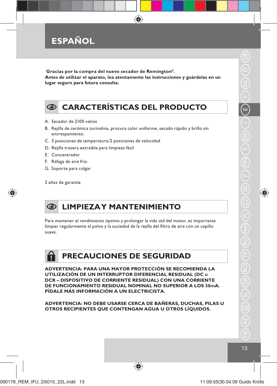 Español, Características del producto, Limpieza y mantenimiento | Precauciones de seguridad | Remington D5015 User Manual | Page 15 / 71