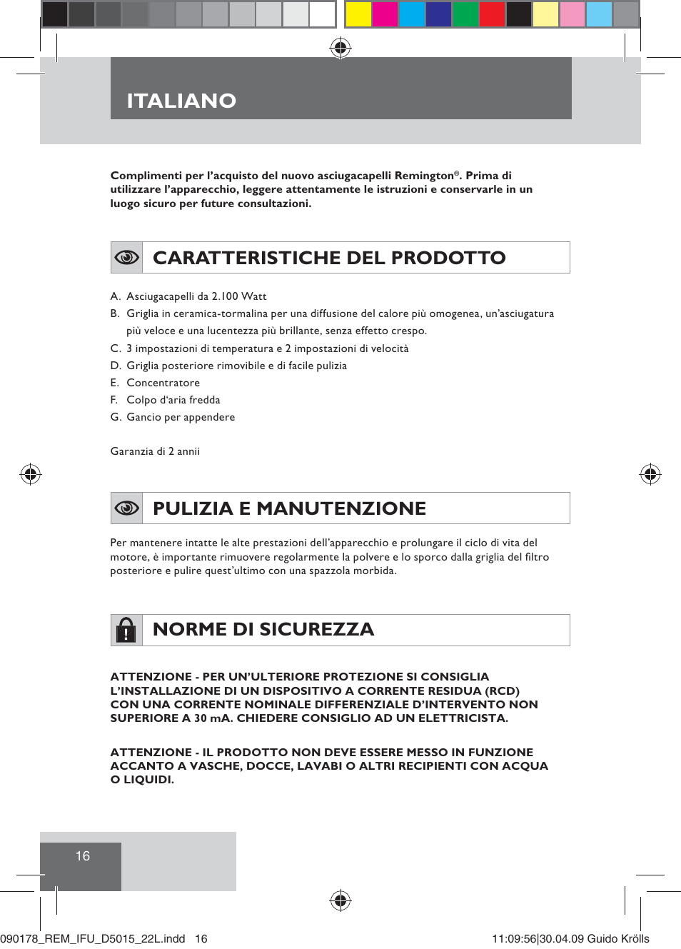 Italiano, Caratteristiche del prodotto, Pulizia e manutenzione | Norme di sicurezza | Remington D5015 User Manual | Page 18 / 71