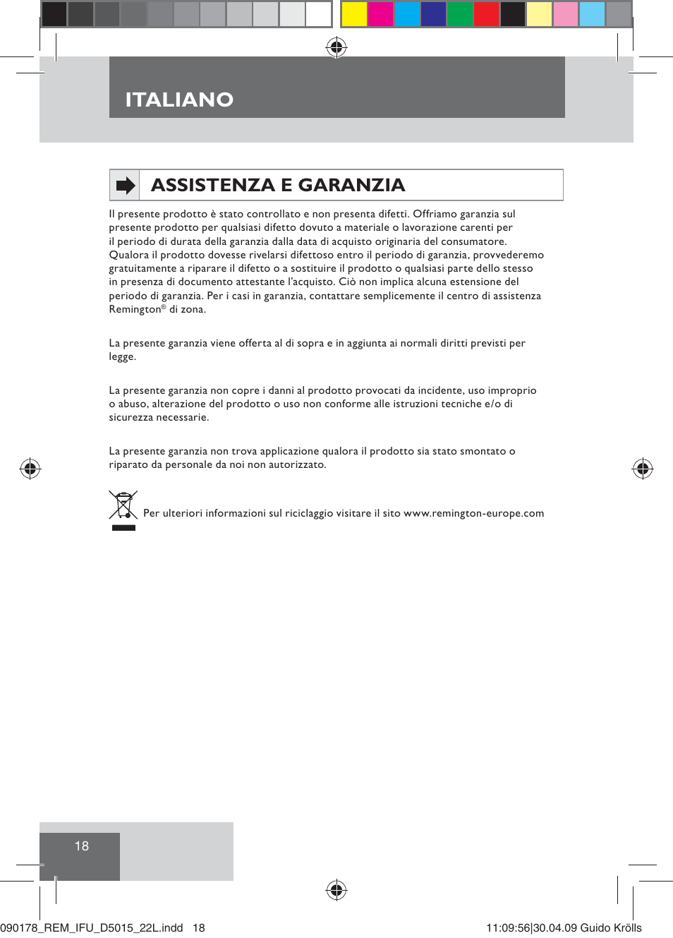 Italiano, Assistenza e garanzia | Remington D5015 User Manual | Page 20 / 71