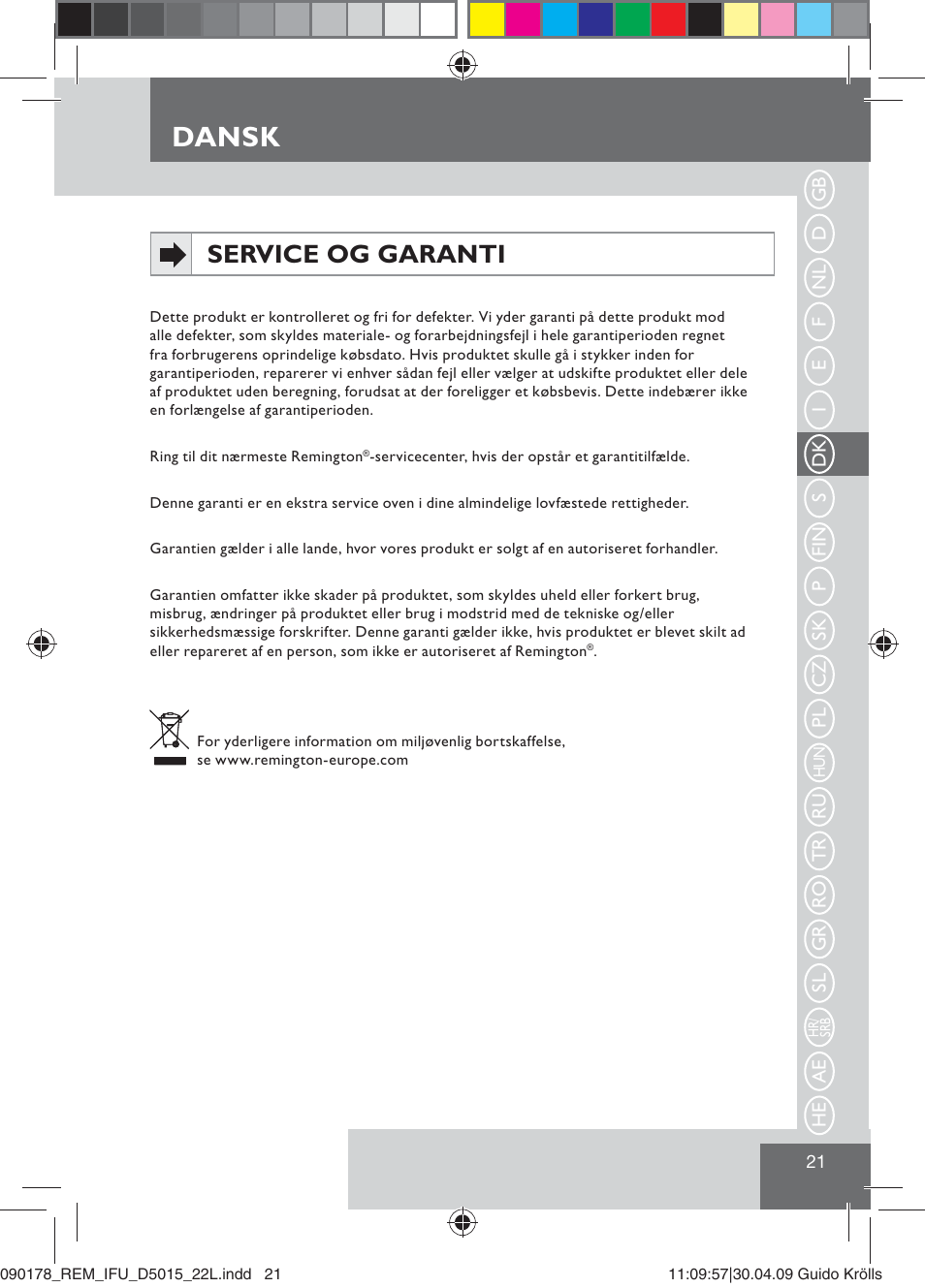 Dansk, Service og garanti | Remington D5015 User Manual | Page 23 / 71