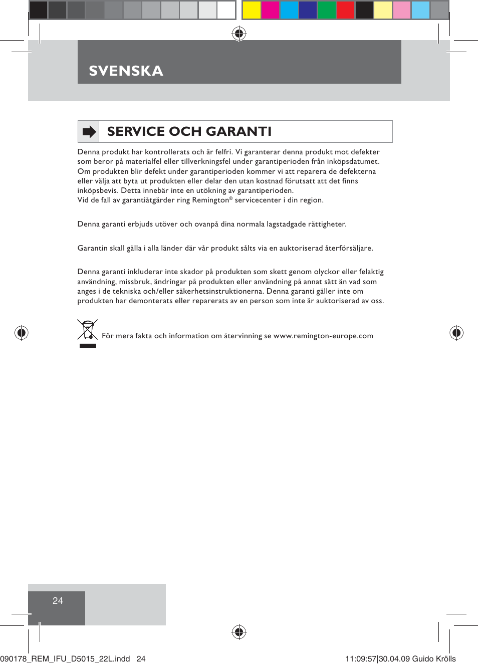 Svenska, Service och garanti | Remington D5015 User Manual | Page 26 / 71