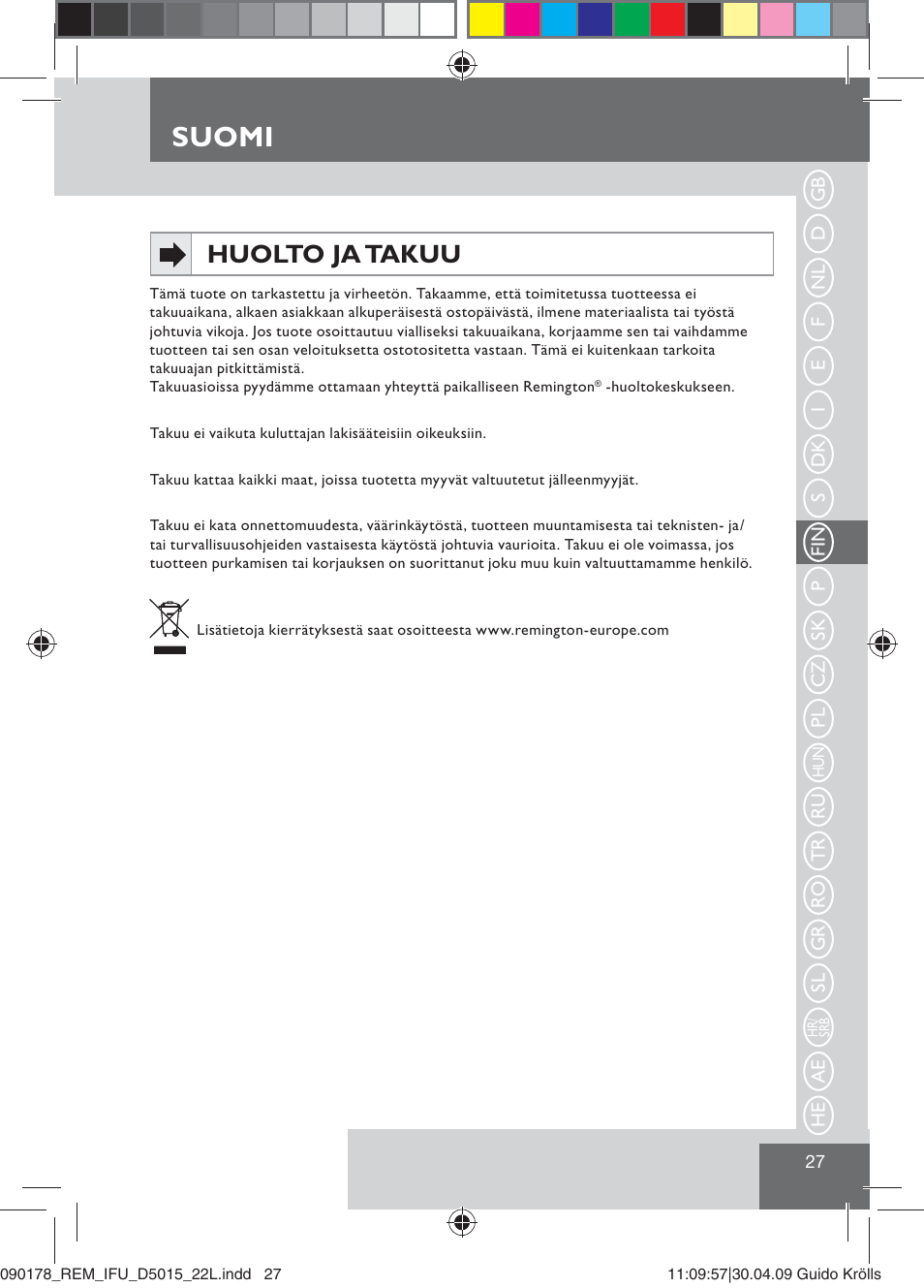 Suomi, Huolto ja takuu | Remington D5015 User Manual | Page 29 / 71