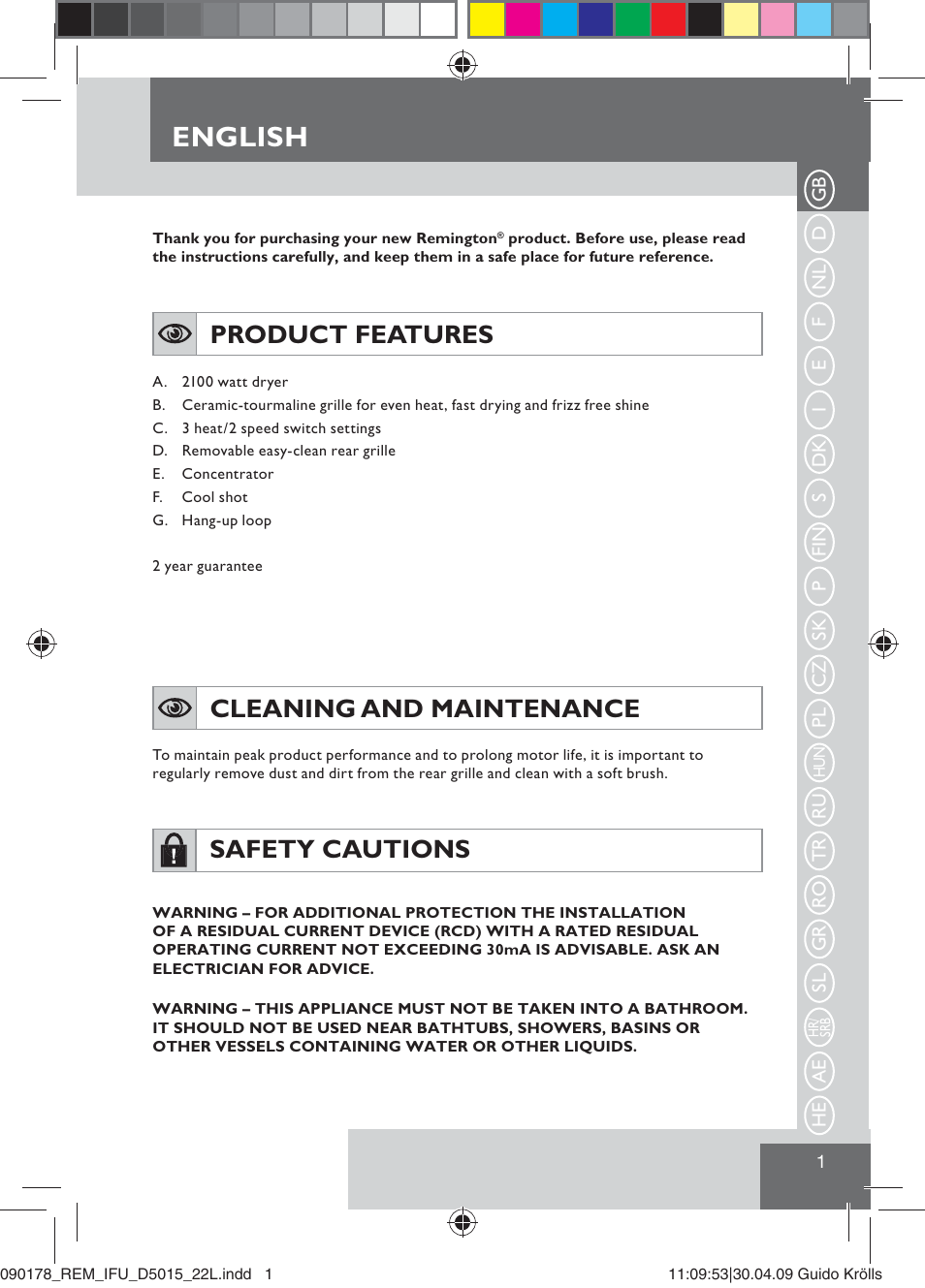 English, Product features cleaning and maintenance, Safety cautions | Remington D5015 User Manual | Page 3 / 71