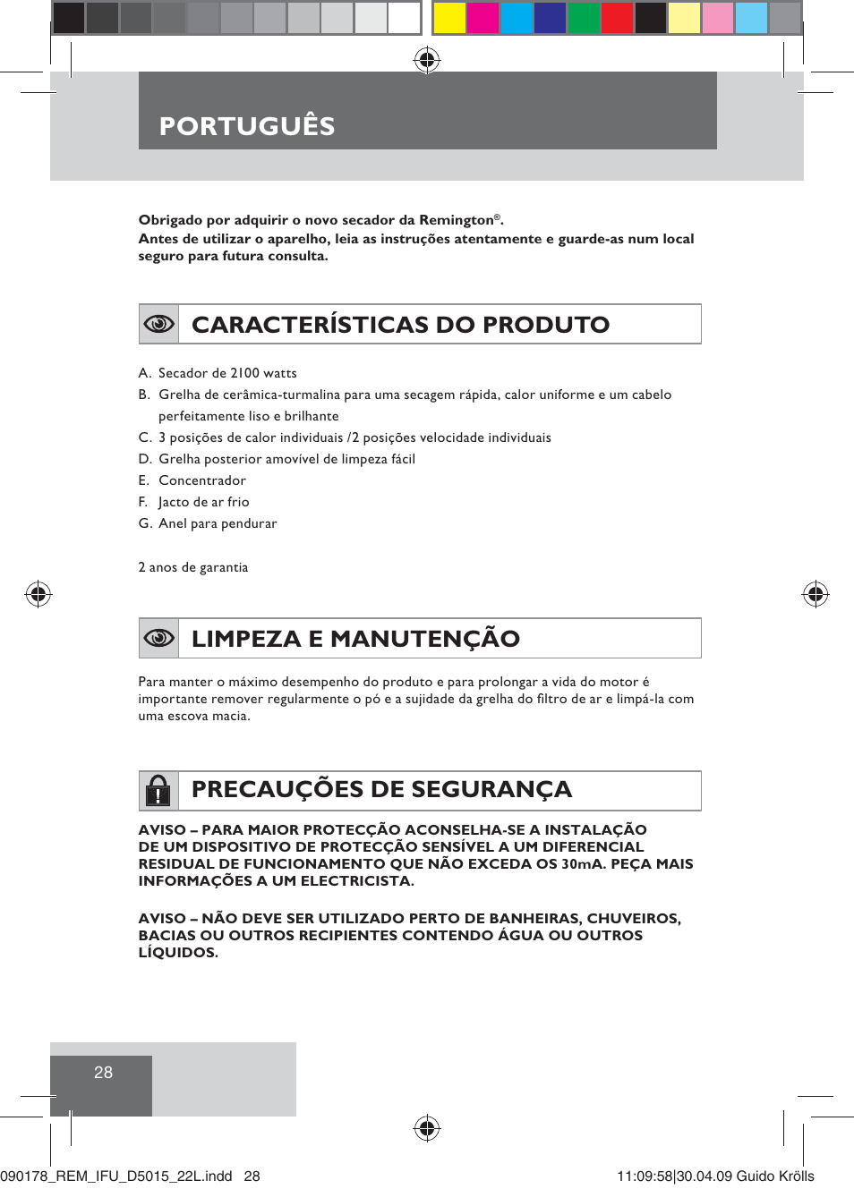 Português, Características do produto, Limpeza e manutenção | Precauções de segurança | Remington D5015 User Manual | Page 30 / 71