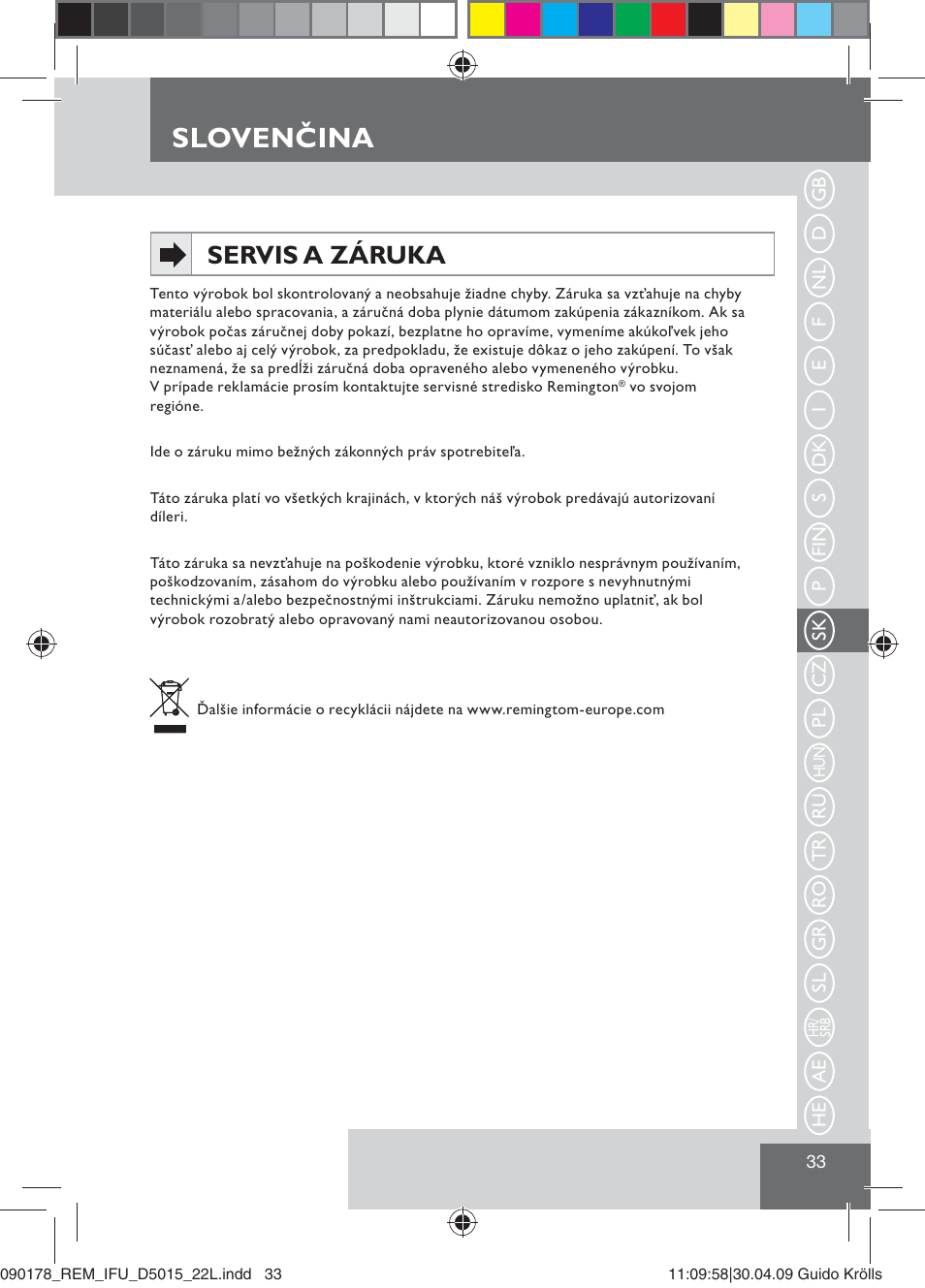 Slovenčina, Servis a záruka | Remington D5015 User Manual | Page 35 / 71