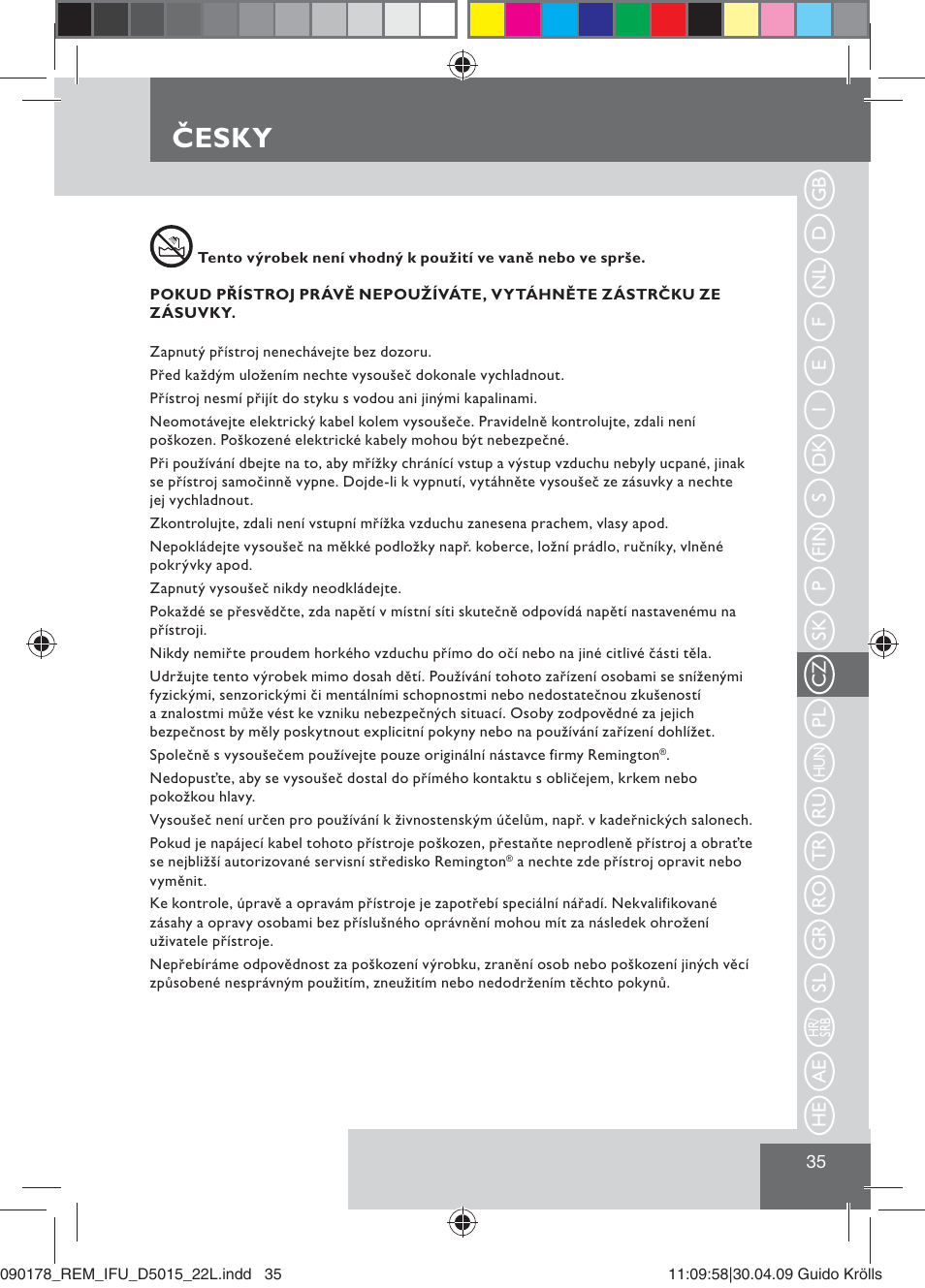 Česky | Remington D5015 User Manual | Page 37 / 71