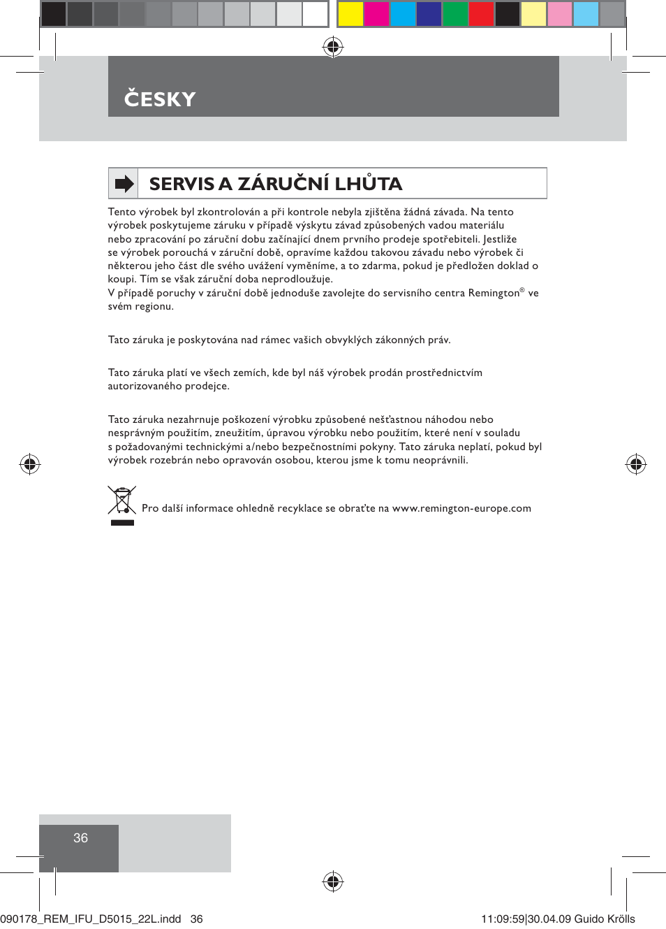 Česky, Servis a záruční lhůta | Remington D5015 User Manual | Page 38 / 71