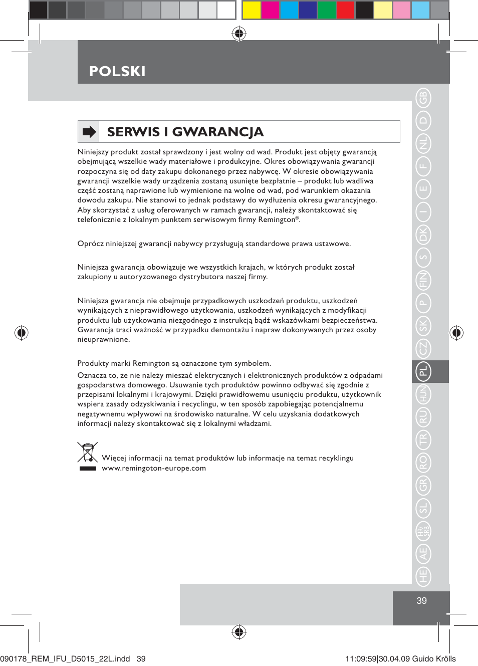 Polski, Serwis i gwarancja | Remington D5015 User Manual | Page 41 / 71