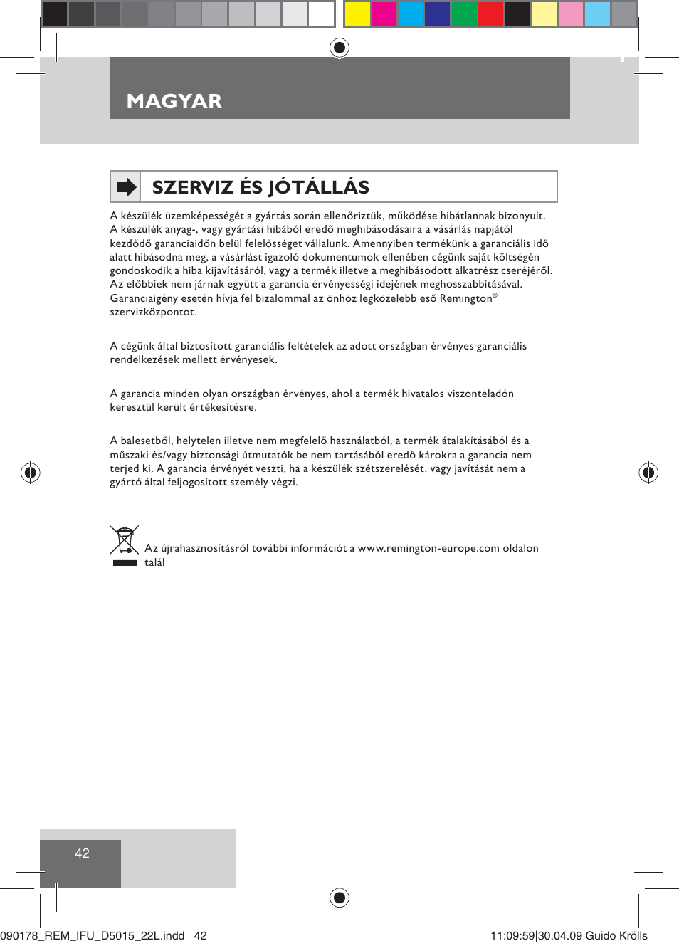 Magyar, Szerviz és jótállás | Remington D5015 User Manual | Page 44 / 71