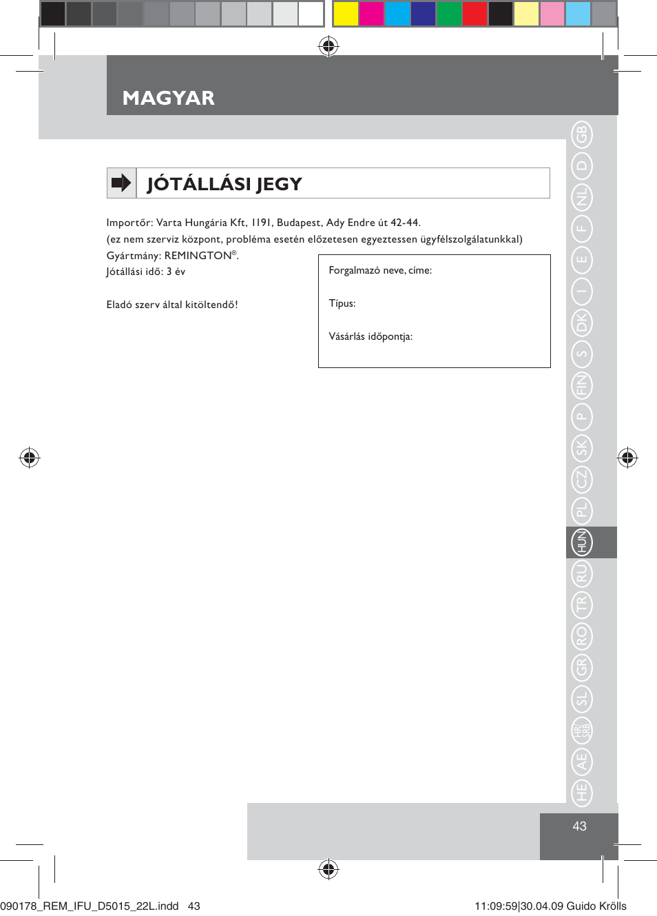 Magyar, Jótállási jegy | Remington D5015 User Manual | Page 45 / 71