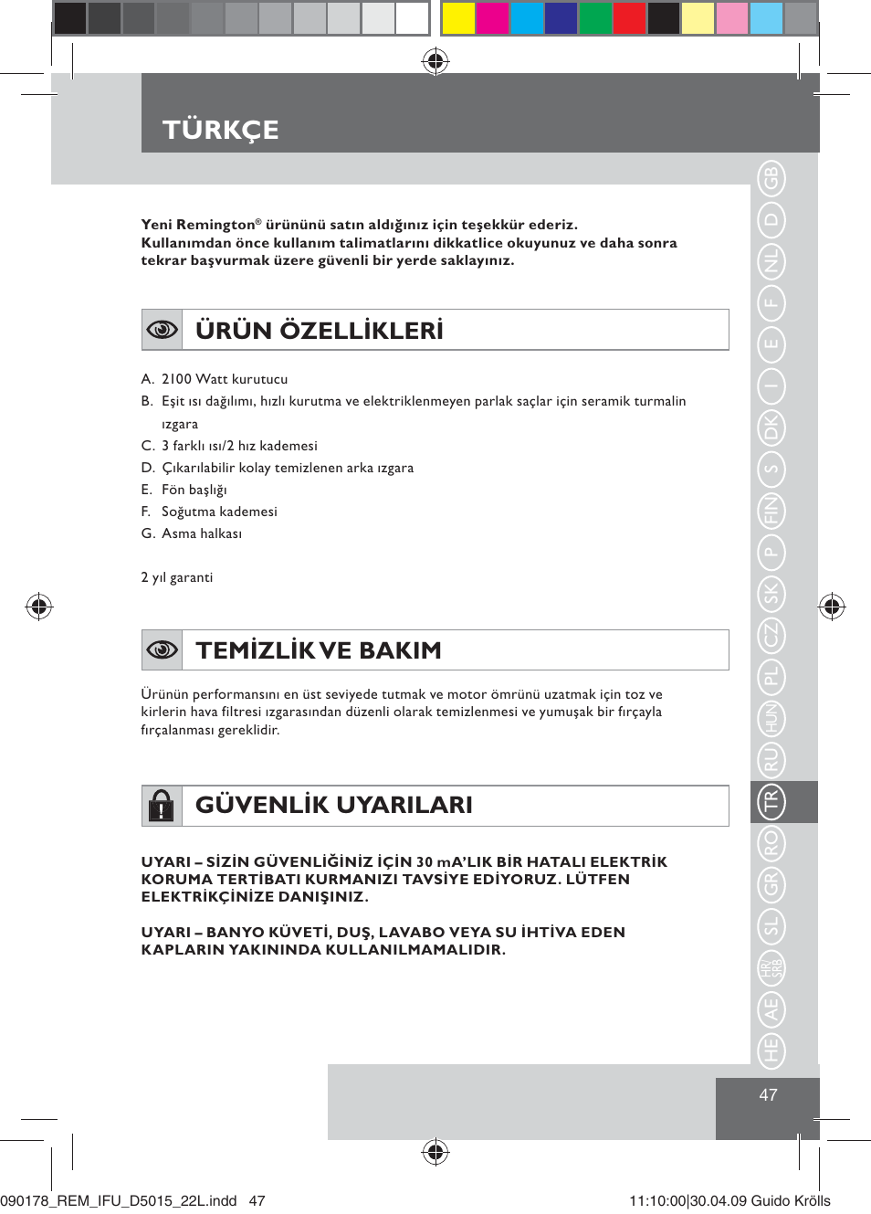 Türkçe, Ürün özellikleri, Temizlik ve bakim | Güvenlik uyarilari | Remington D5015 User Manual | Page 49 / 71