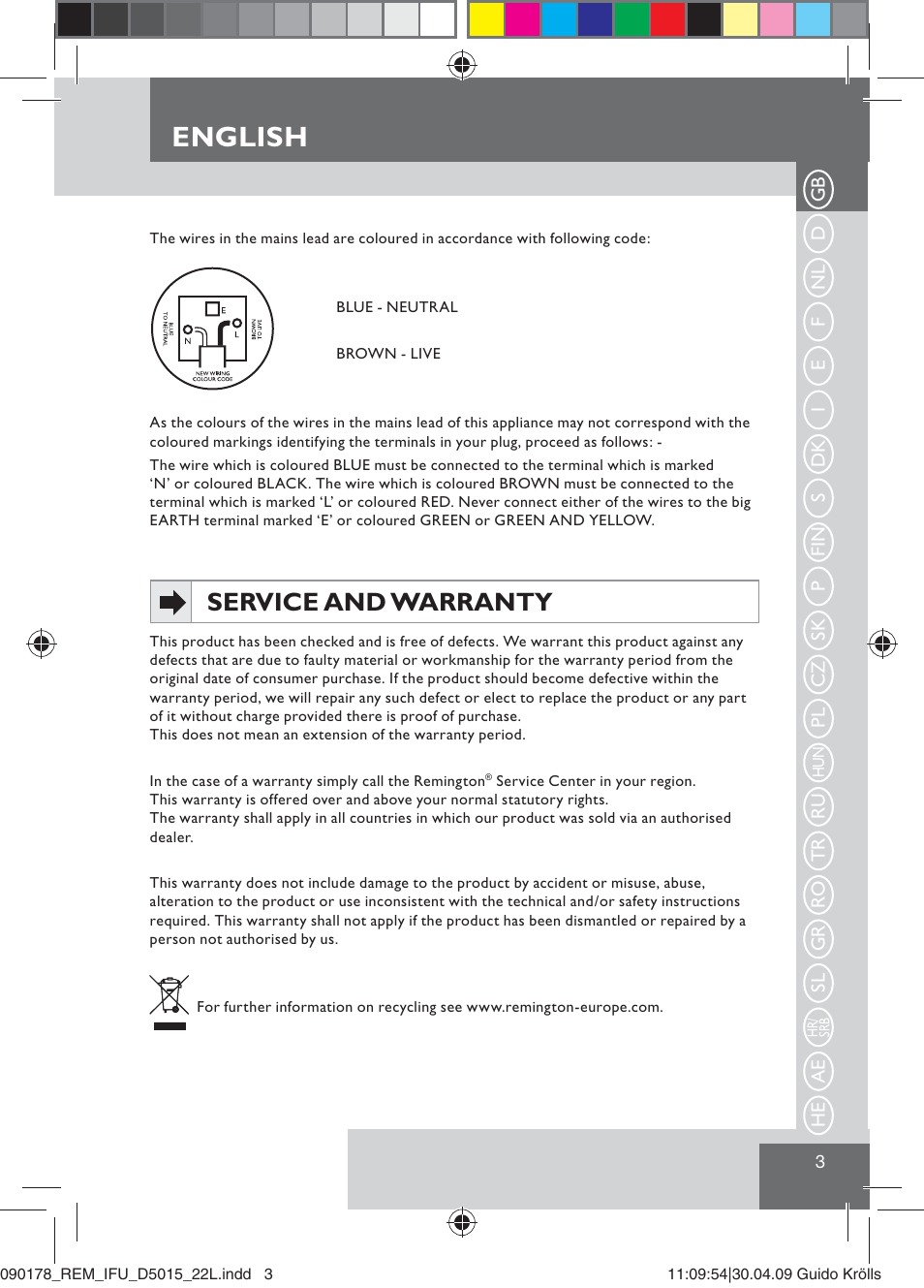 English, Service and warranty | Remington D5015 User Manual | Page 5 / 71