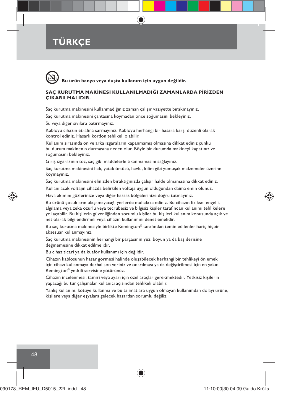Türkçe | Remington D5015 User Manual | Page 50 / 71