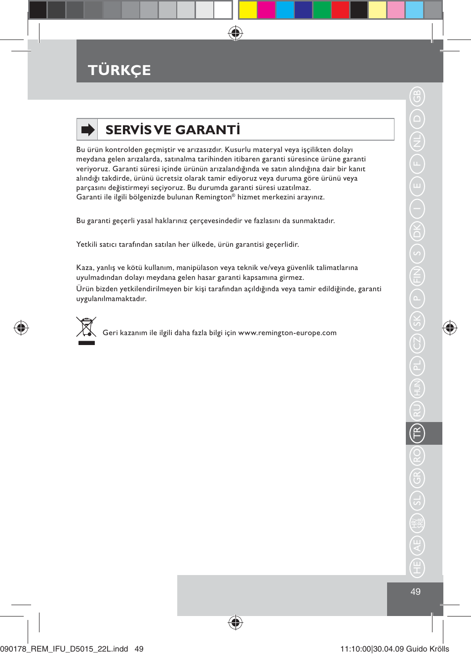 Türkçe, Servis ve garanti | Remington D5015 User Manual | Page 51 / 71