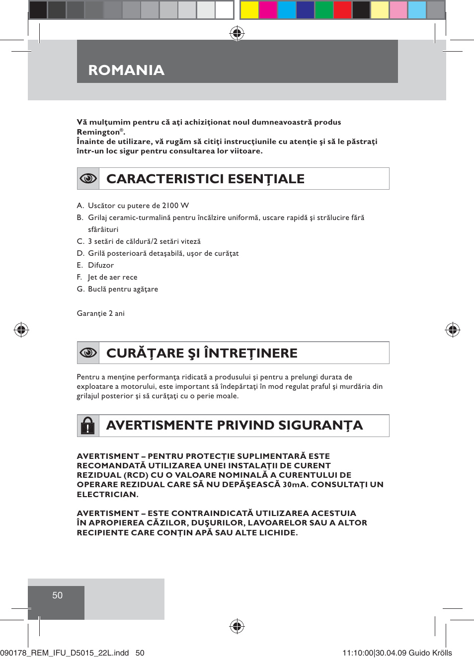 Romania, Caracteristici esenţiale, Curăţare şi întreţinere | Avertismente privind siguranţa | Remington D5015 User Manual | Page 52 / 71