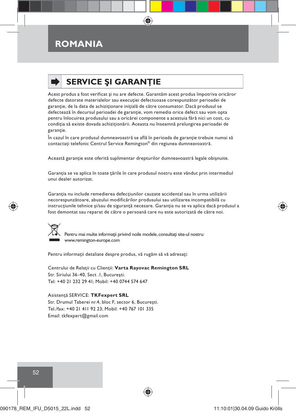 Romania, Service şi garanţie | Remington D5015 User Manual | Page 54 / 71