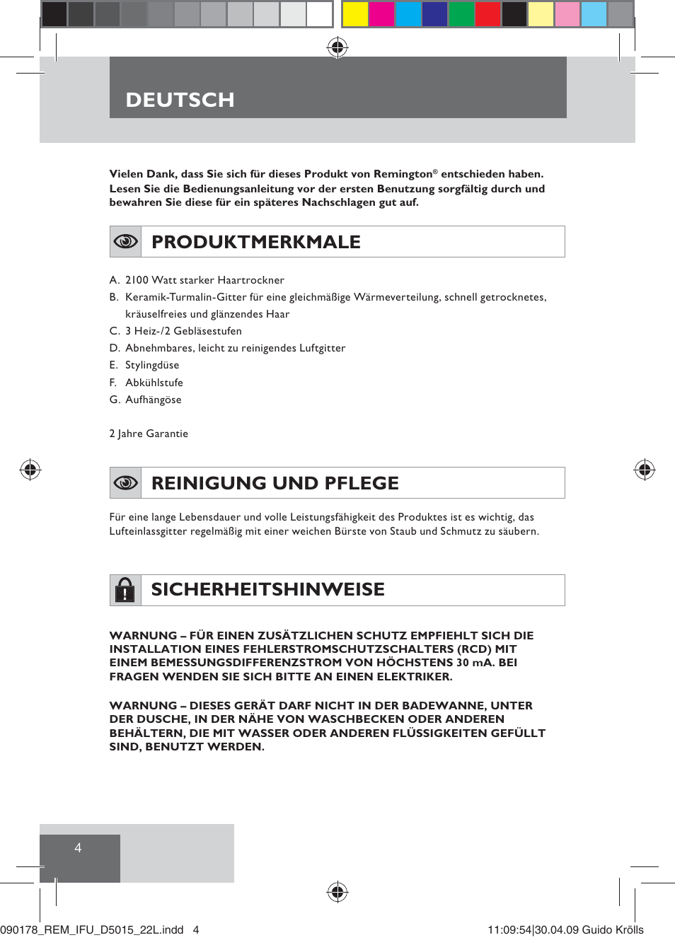 Deutsch, Produktmerkmale, Reinigung und pflege | Sicherheitshinweise | Remington D5015 User Manual | Page 6 / 71