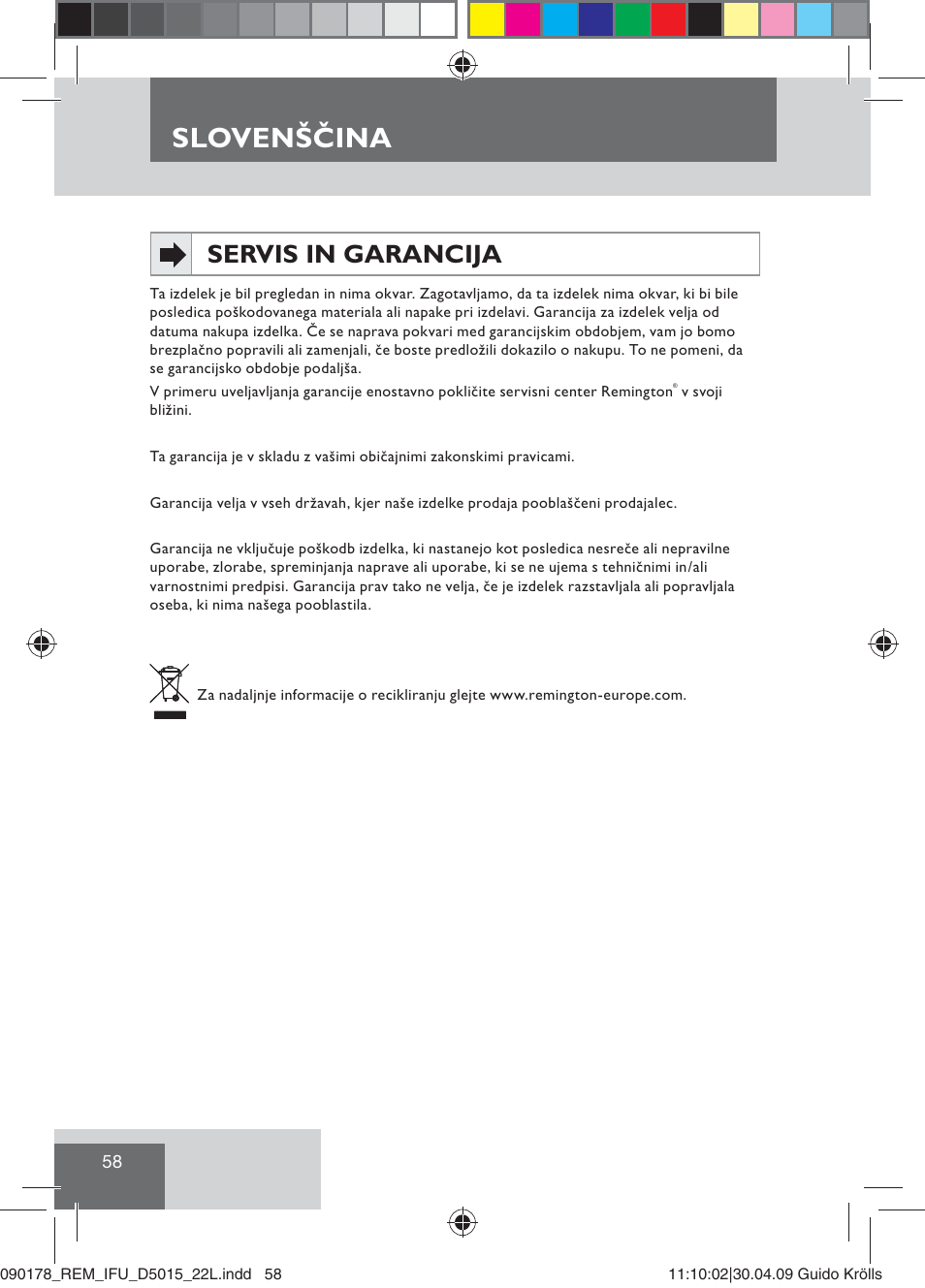 Slovenščina, Servis in garancija | Remington D5015 User Manual | Page 60 / 71