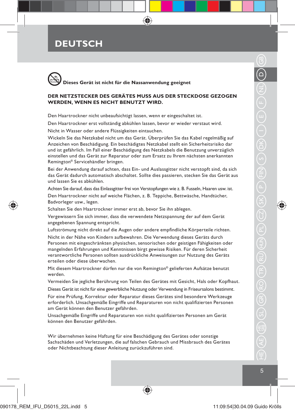Deutsch | Remington D5015 User Manual | Page 7 / 71