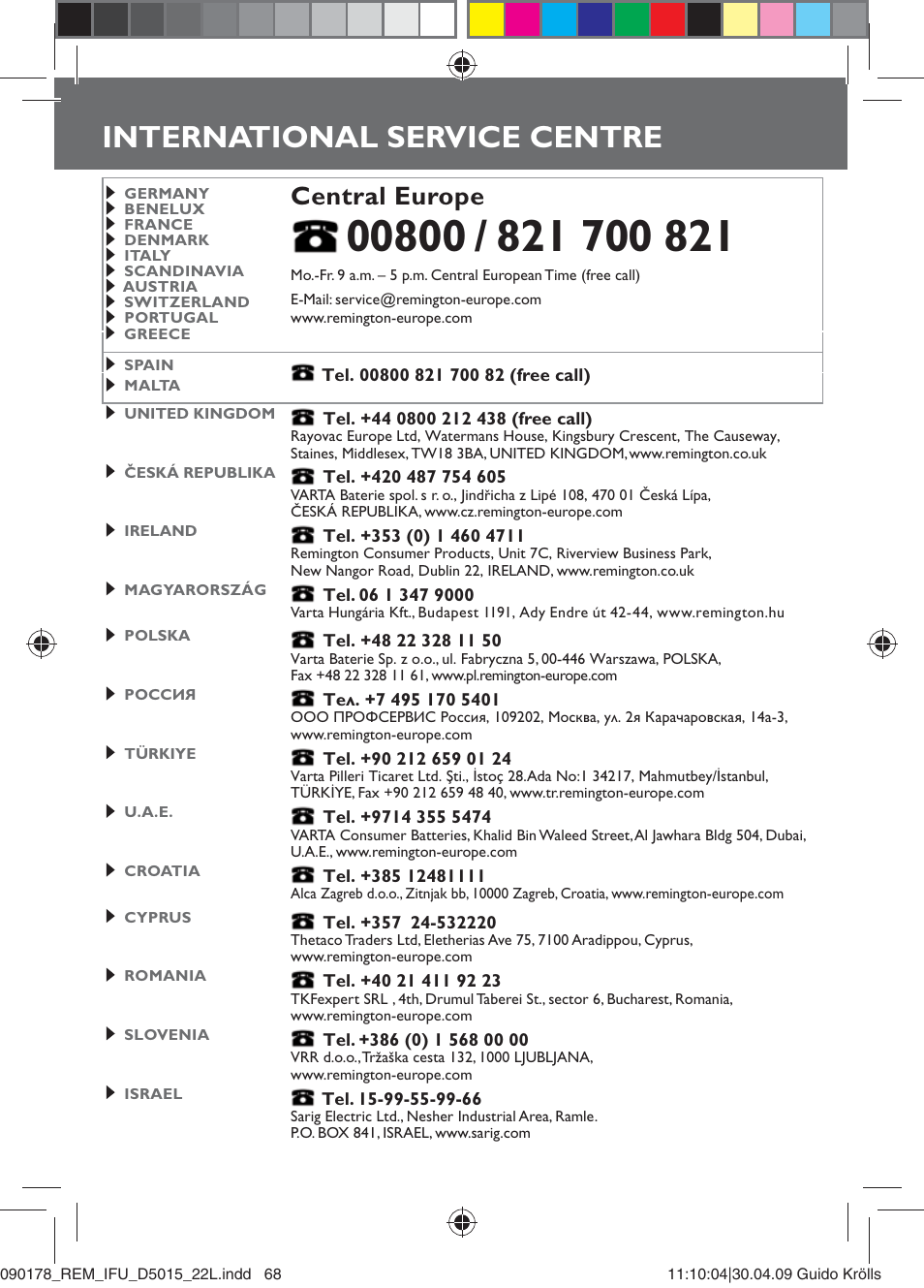 International service centre, Central europe | Remington D5015 User Manual | Page 70 / 71