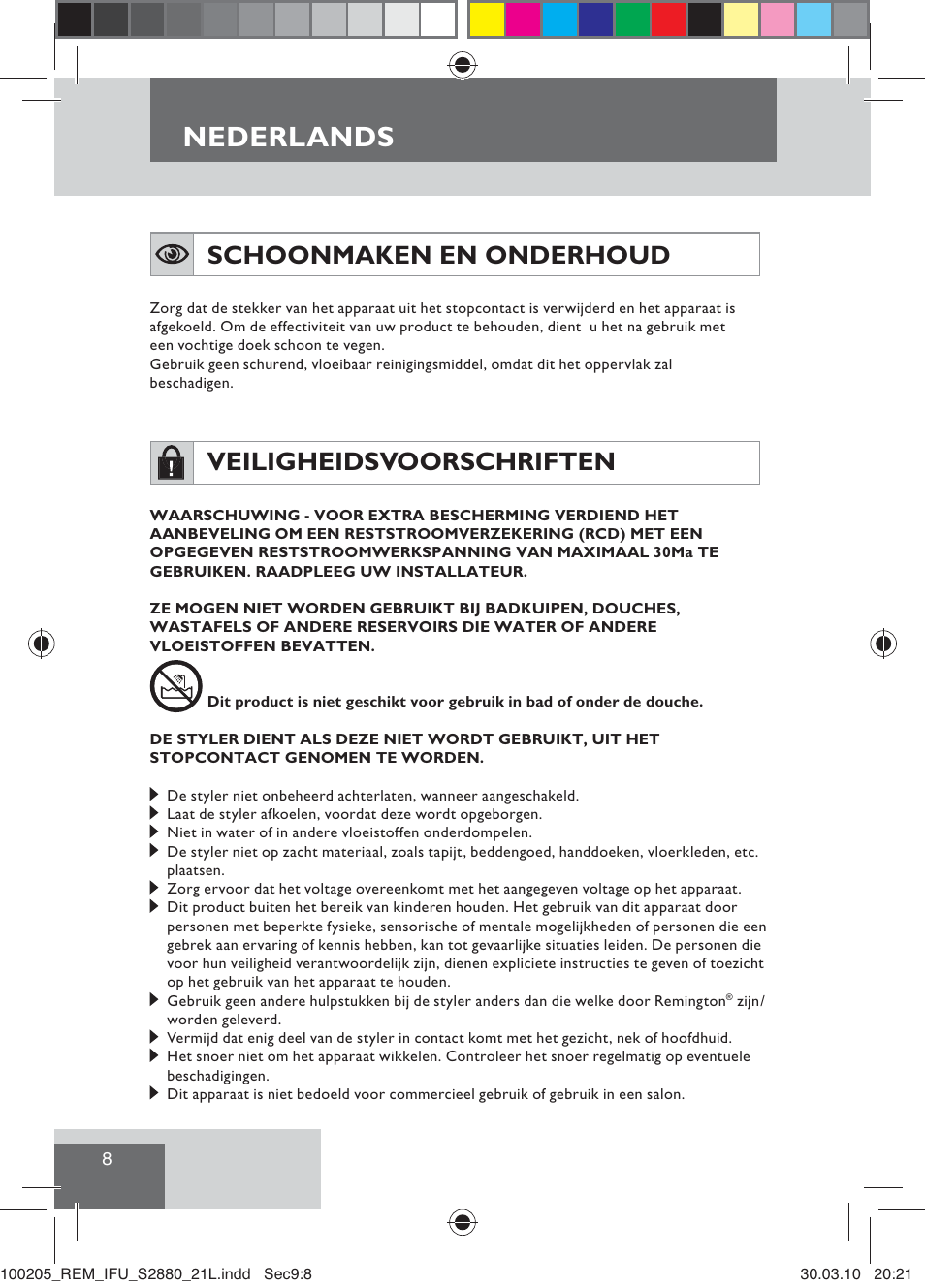 Nederlands, Schoonmaken en onderhoud, Veiligheidsvoorschriften | Remington S2880 User Manual | Page 10 / 69