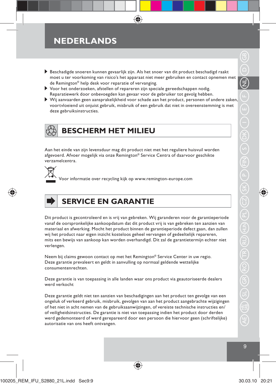 Nederlands, Bescherm het milieu, Service en garantie | Remington S2880 User Manual | Page 11 / 69